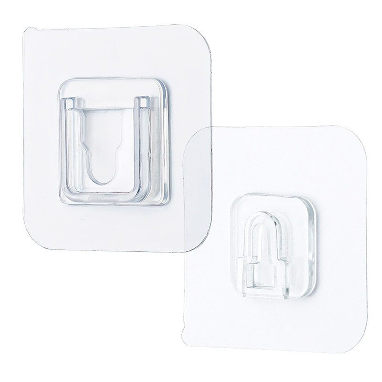 Two clear adhesive hooks, one slightly larger, are displayed against a white background.