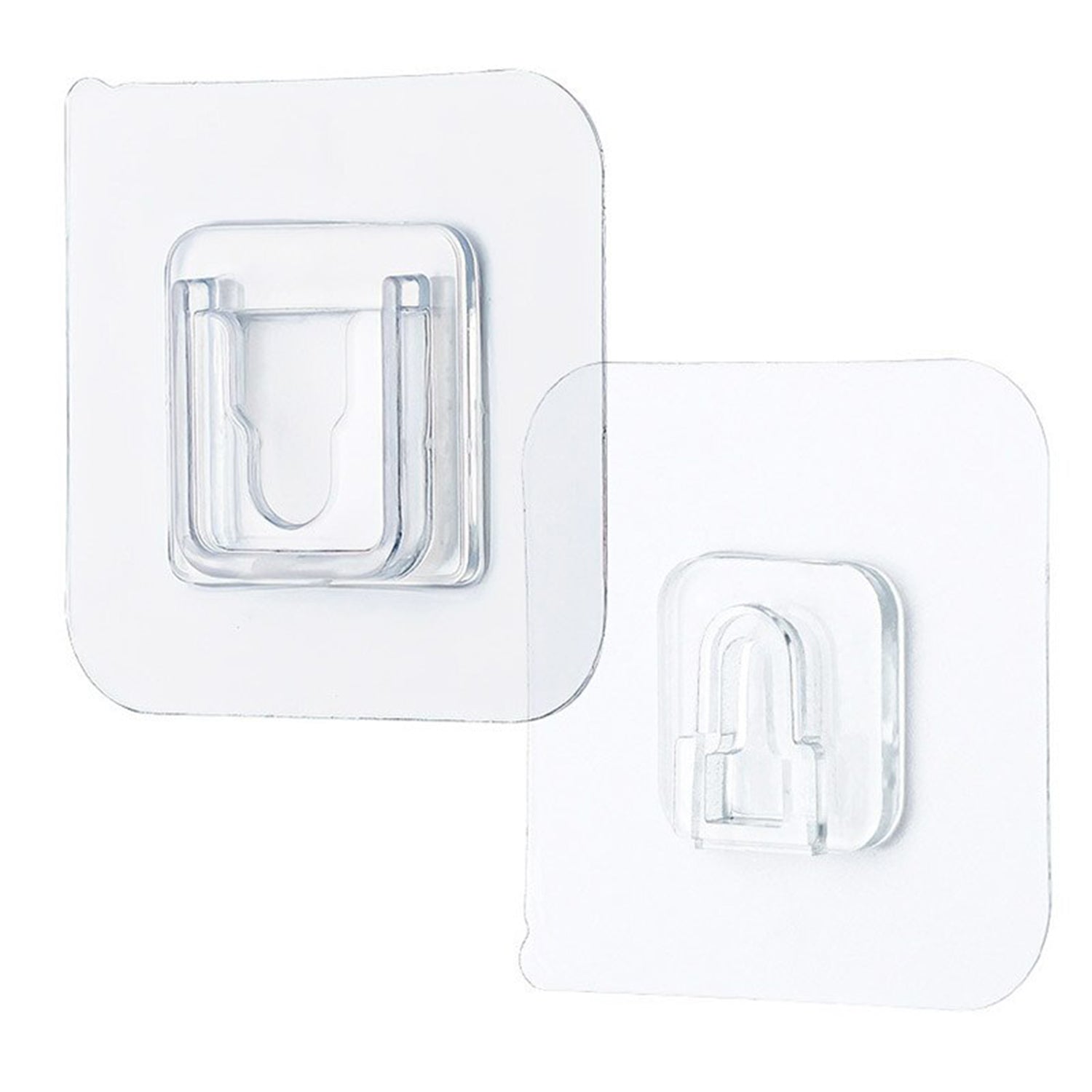 Two clear adhesive hooks, one slightly larger, are displayed against a white background.