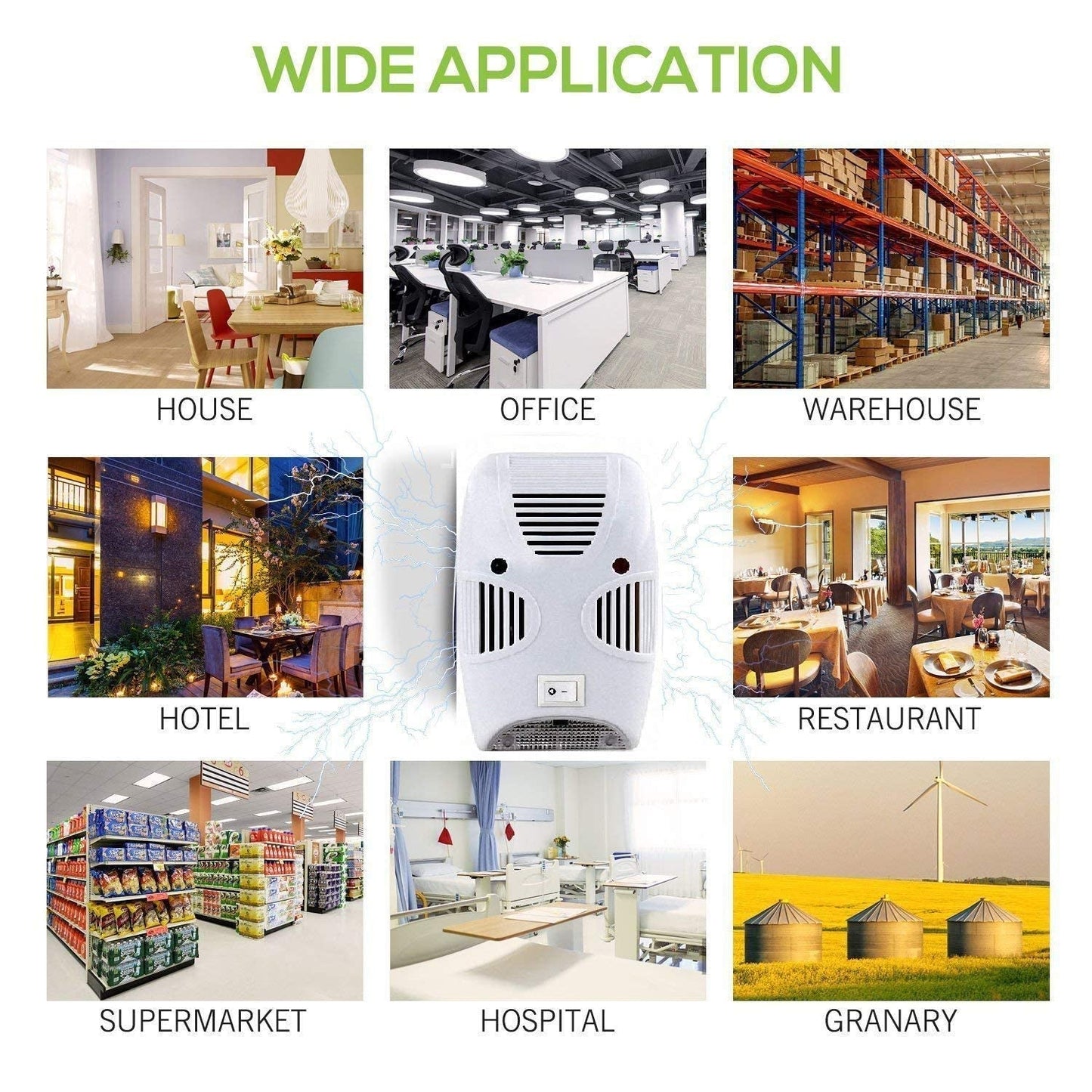 A white pest repeller is centered among nine square images of various locations, including a house, office, warehouse,
