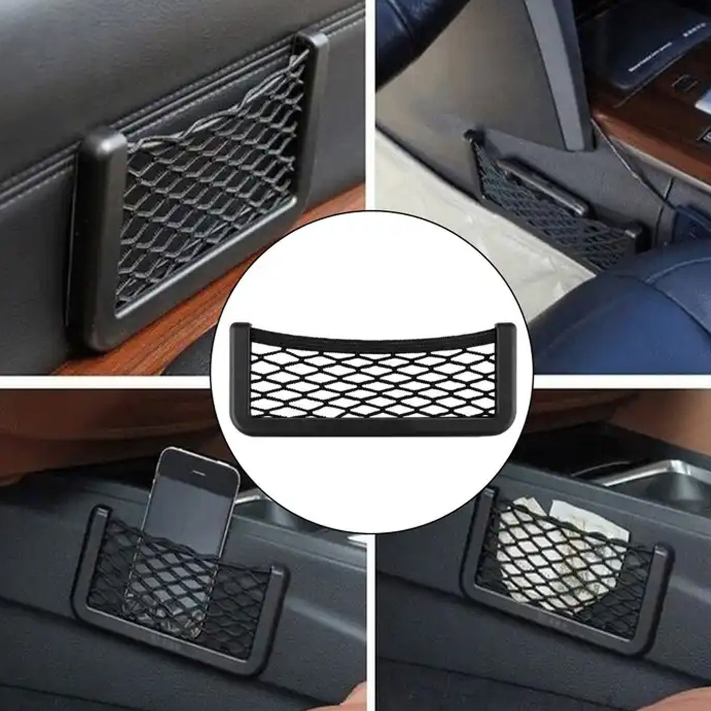 A collage of four images showing the black mesh organizer in different car locations with items.