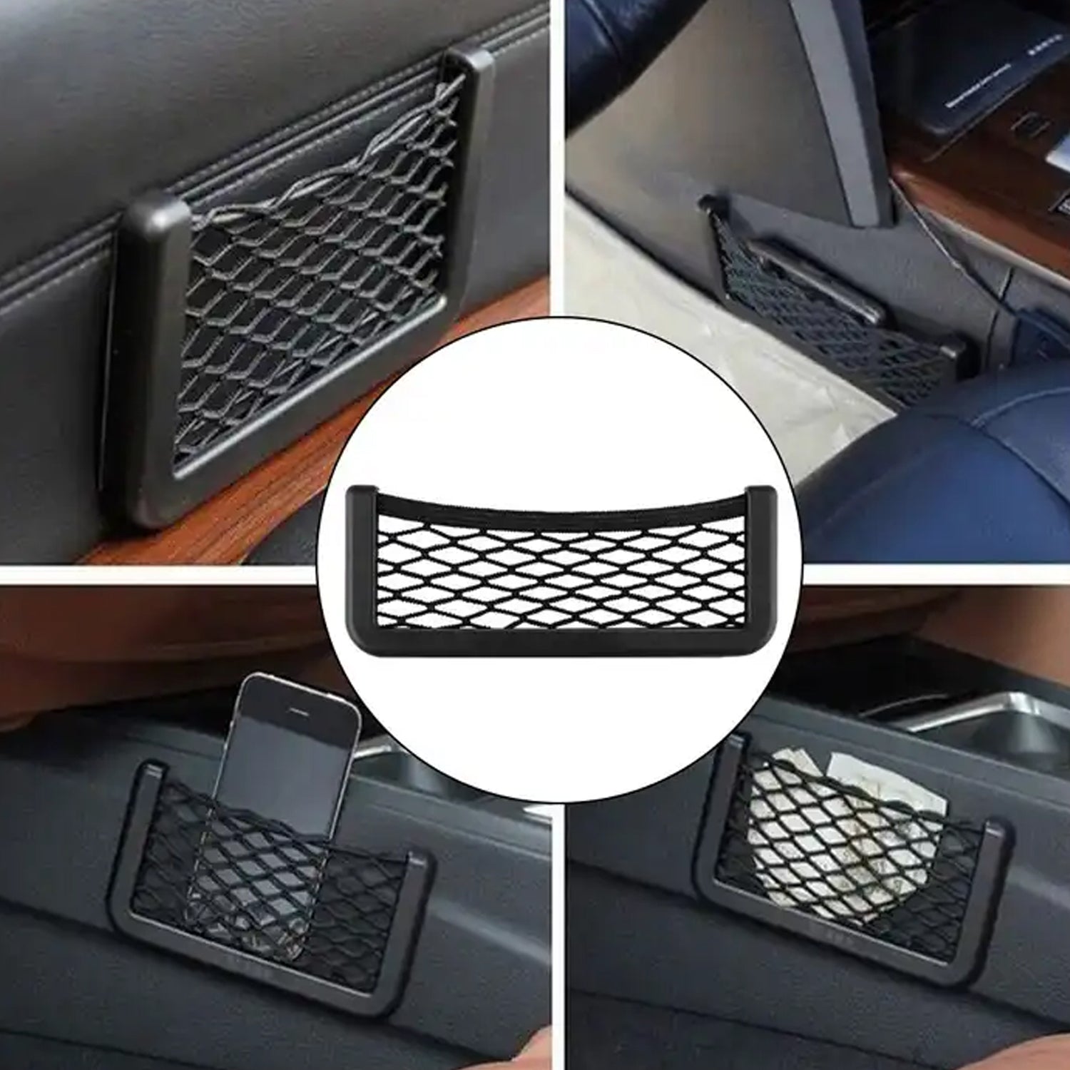 A collage of four images showing the black mesh organizer in different car locations with items.