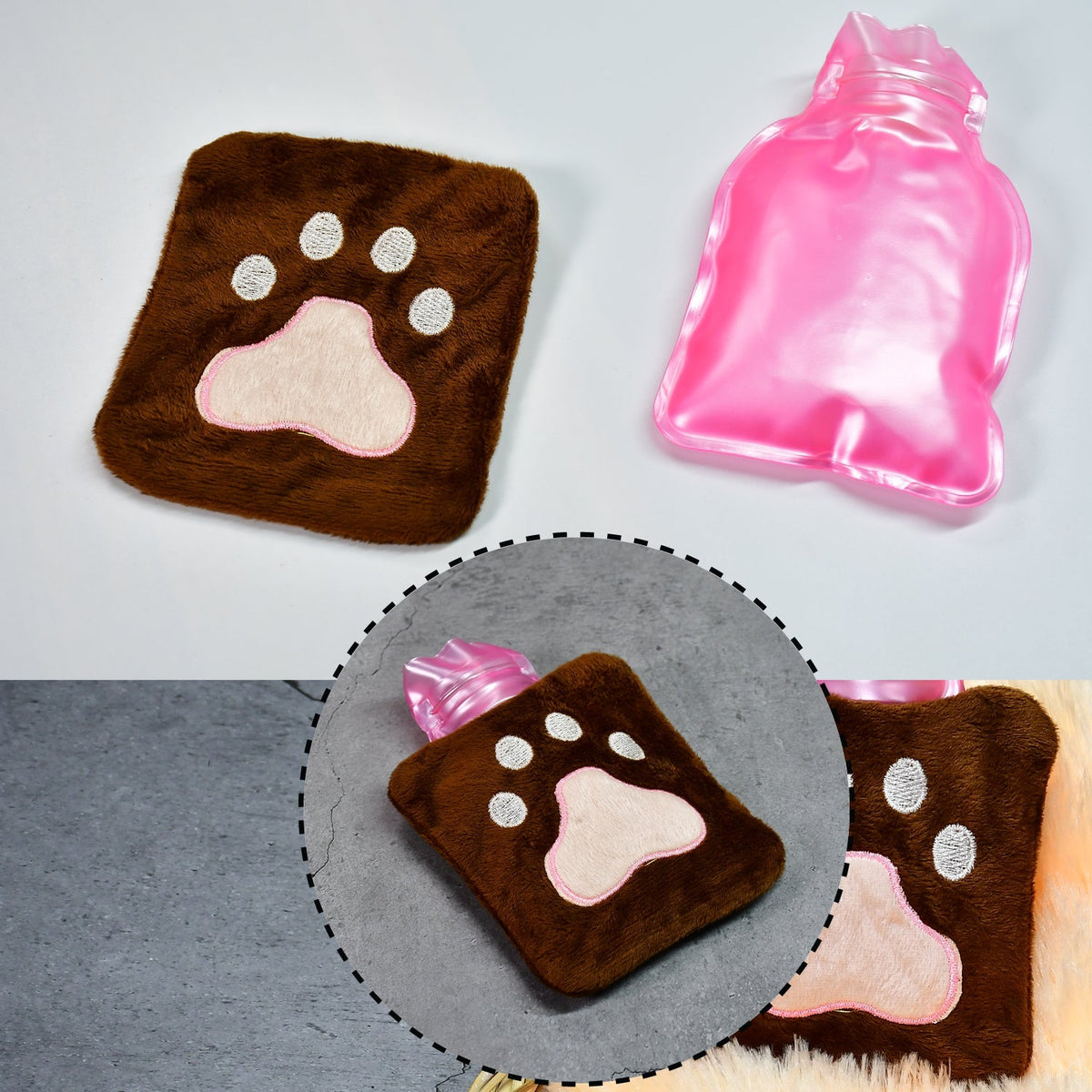 A brown paw print hot water bag and a pink hot water bottle are displayed with two inset views.