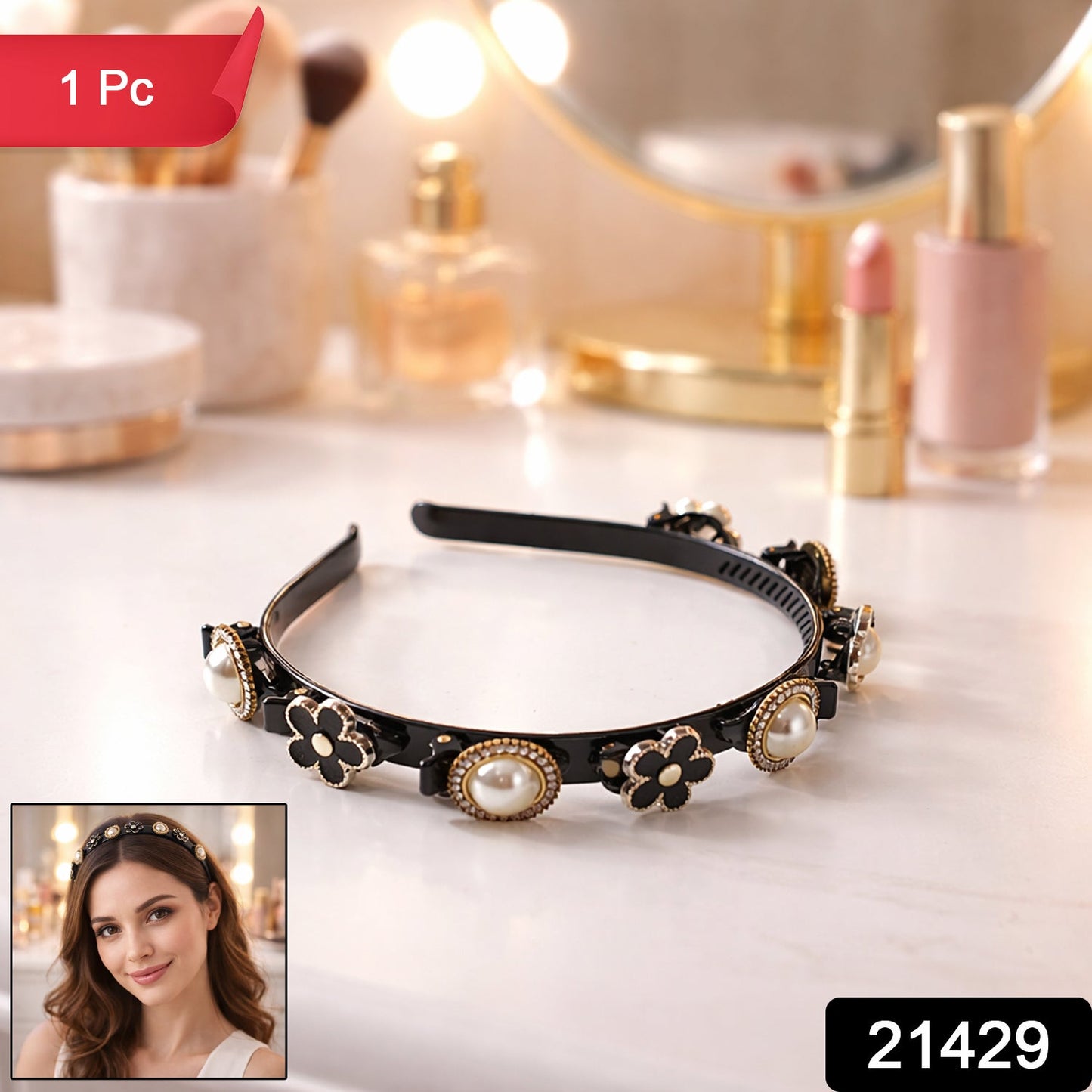 Decorative hairband featuring pearl accents and floral design for women & girls
