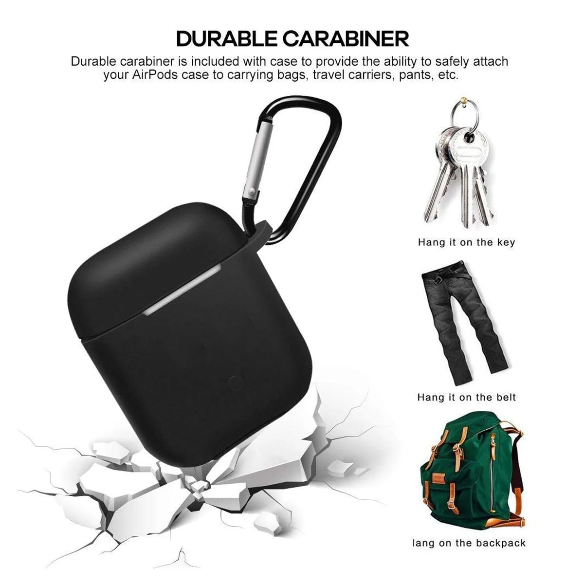 A black silicone earbud case with a carabiner is shown with text explaining its durability and uses.