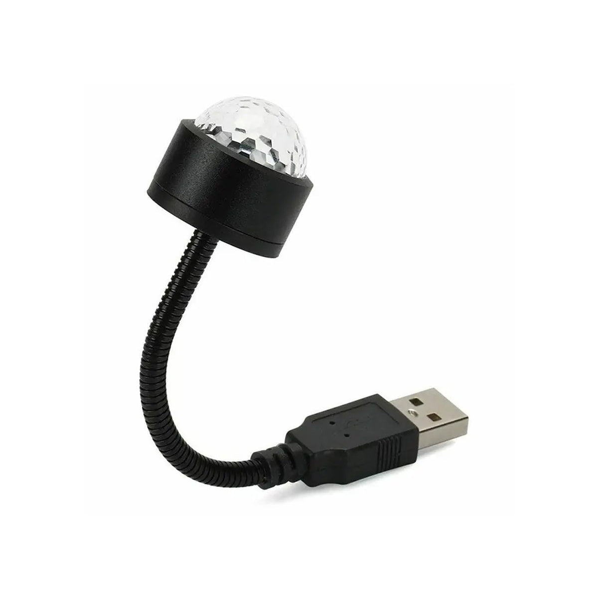 The black USB star projector with a clear disco ball top and flexible neck is displayed on a white background.