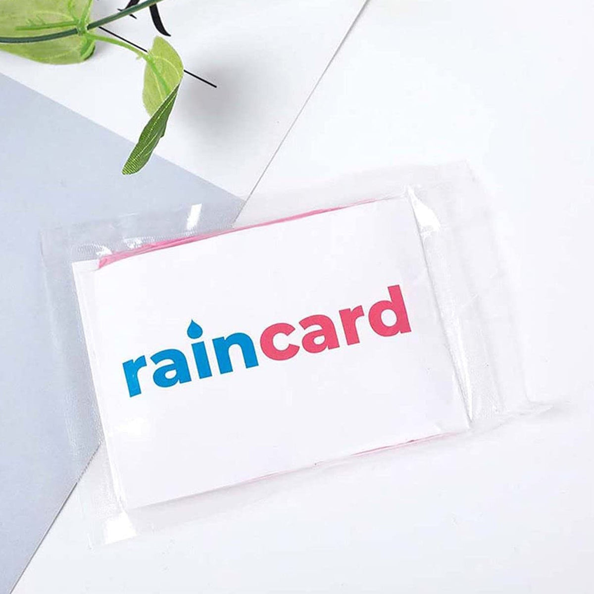 A 'raincard' in a clear plastic sleeve on a white and grey background with a green leaf accent.