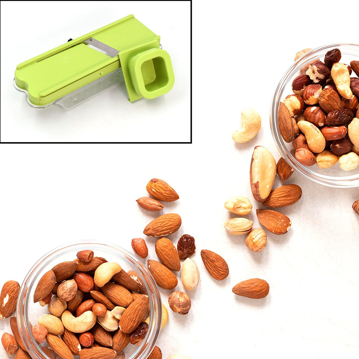 A small inset shows a green plastic slicer, while the main image features two bowls of mixed nuts and scattered nuts.