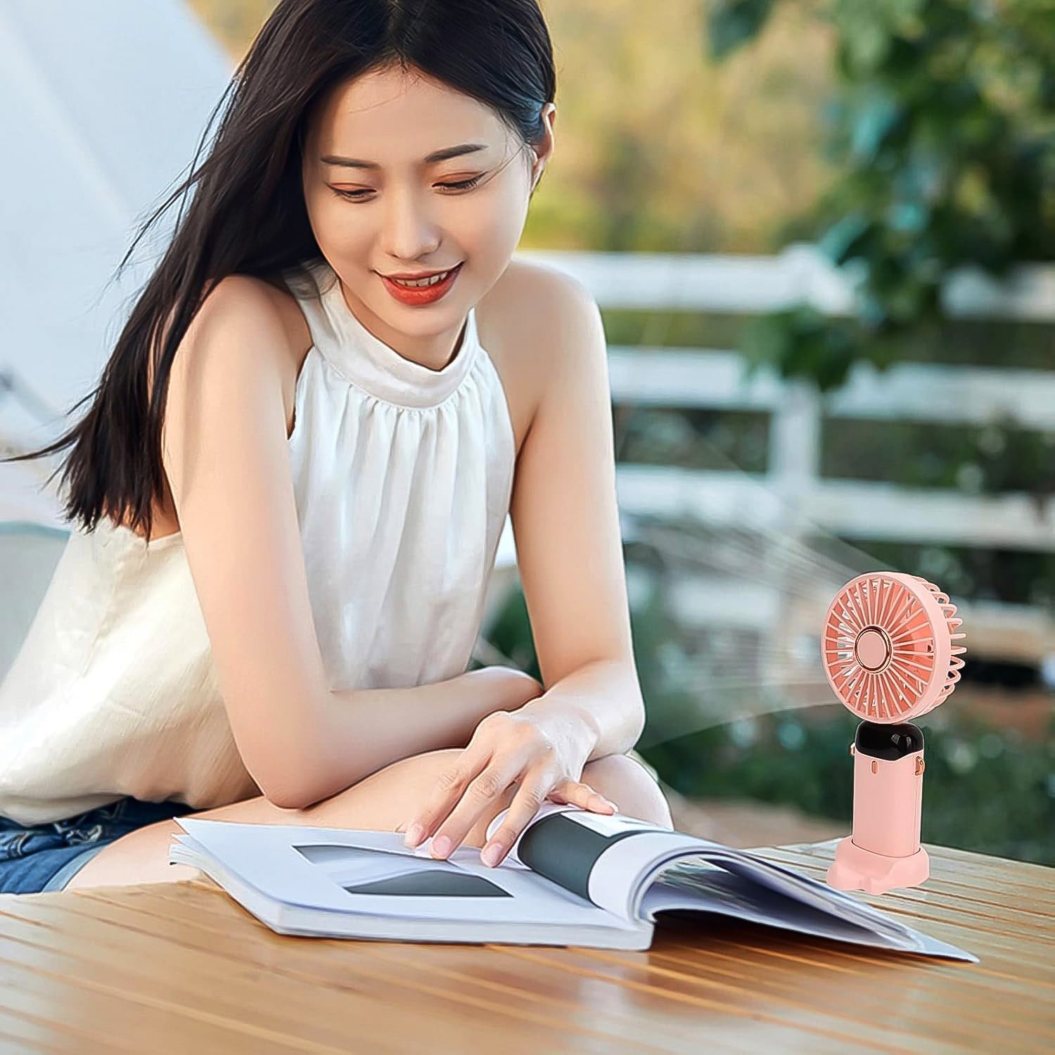 USB rechargeable portable fan showing clear battery indicator display