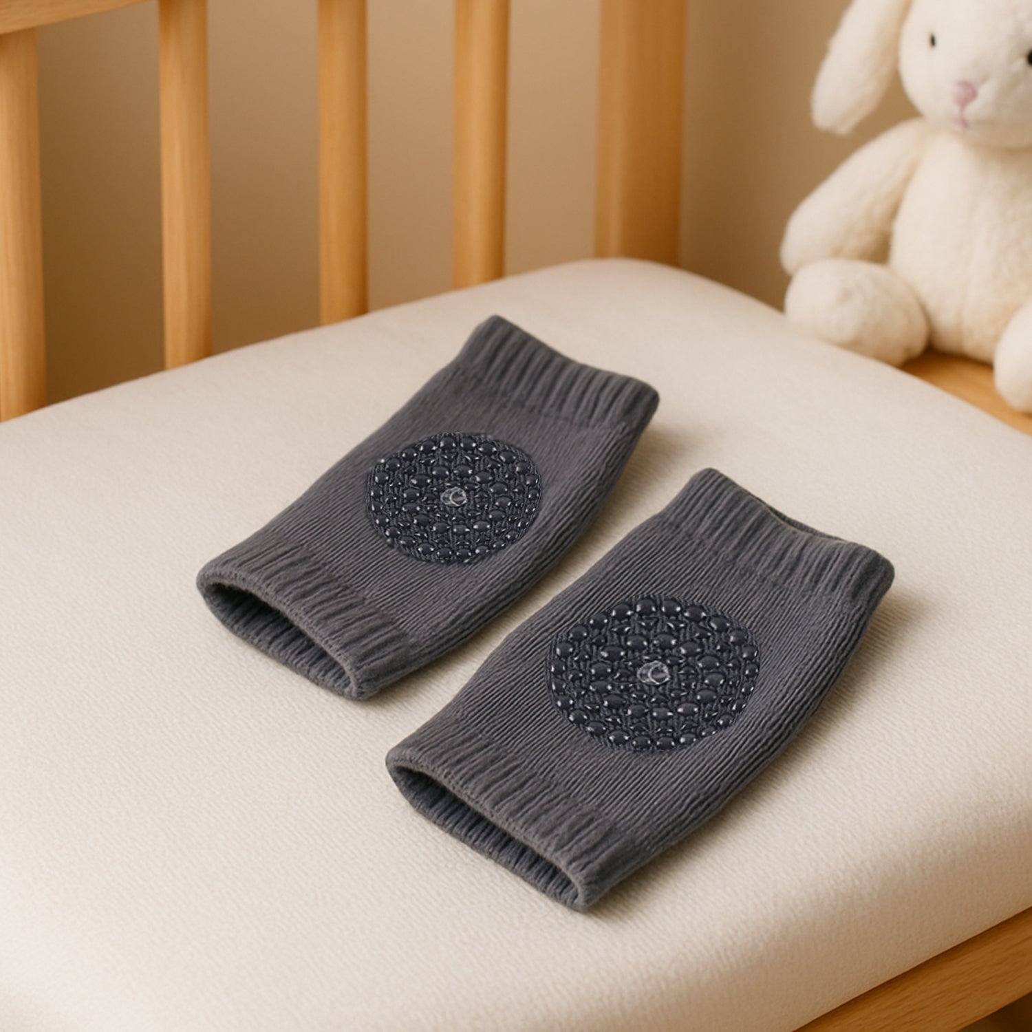 Toddler knee protectors with soft dark grey wool knit padding
