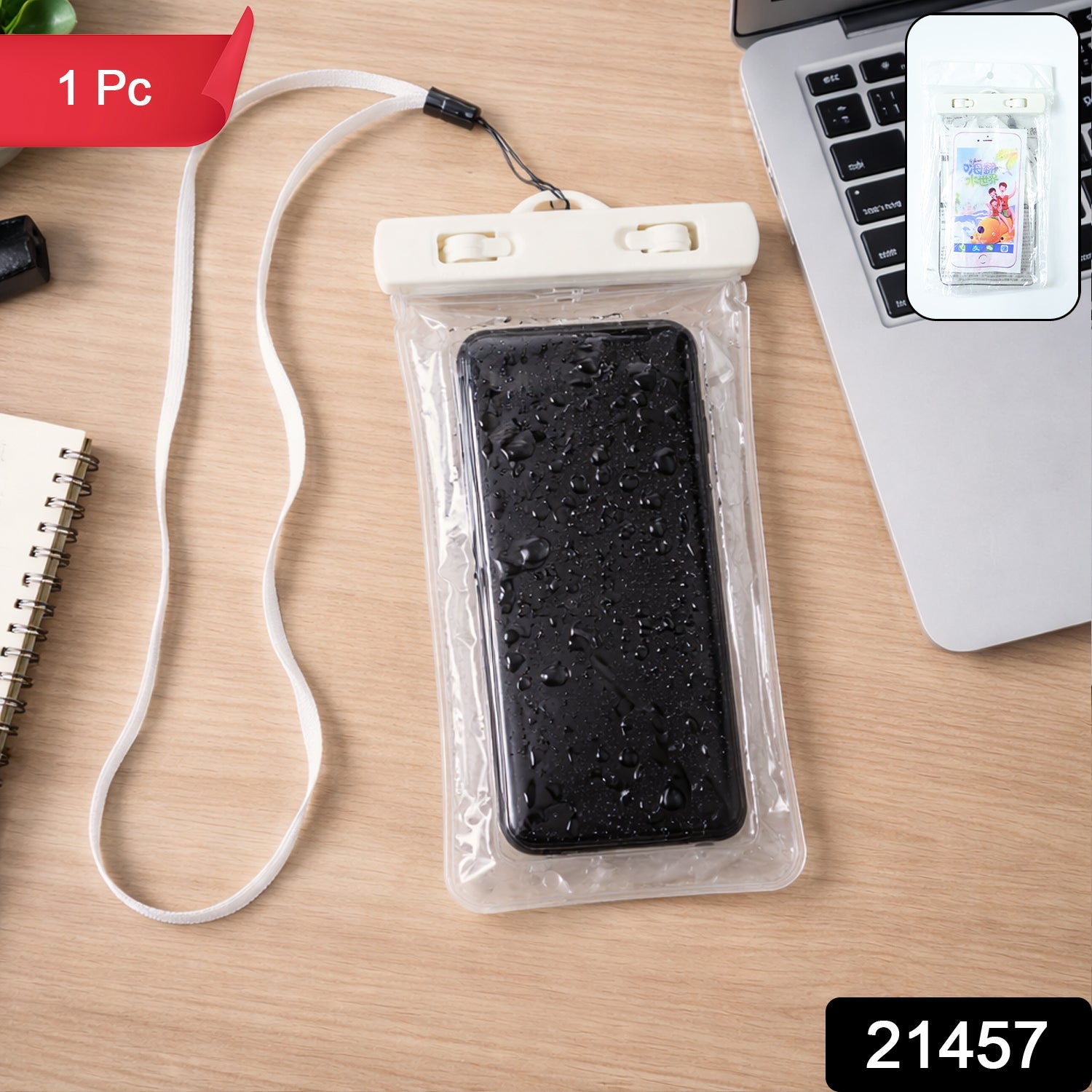 Universal mobile waterproof pouch bag showing front transparent protection