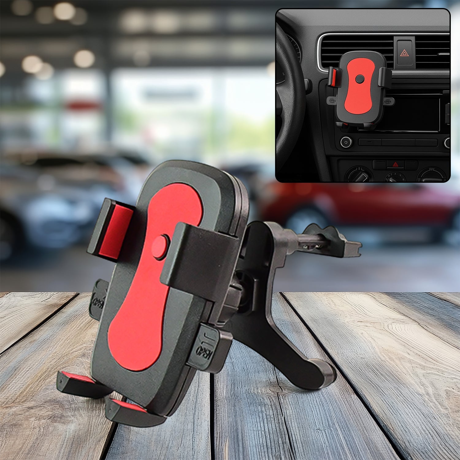 Close-up of the car mobile holder's grip, showing a smartphone held firmly in place.