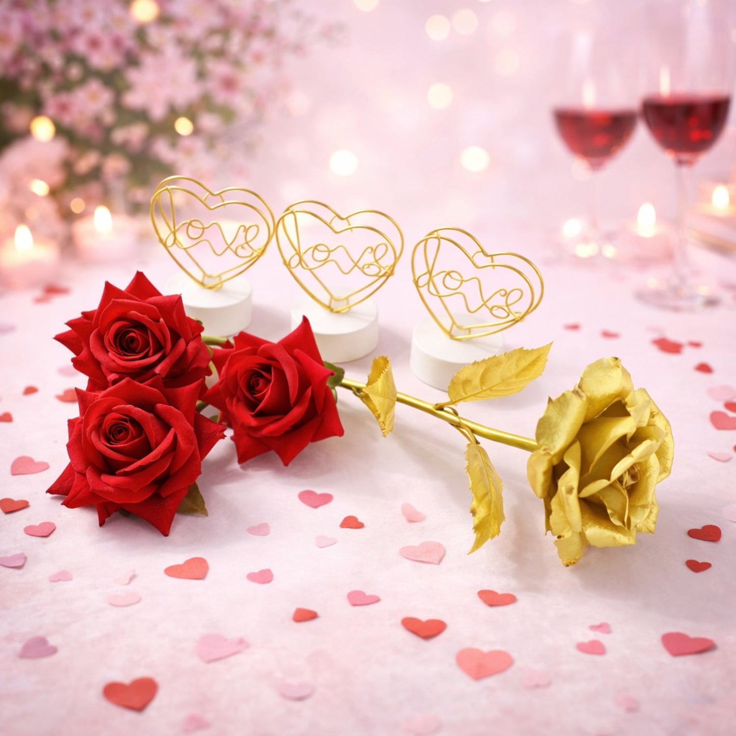 Romantic heart love table decor gift set with golden rose and red bouquet