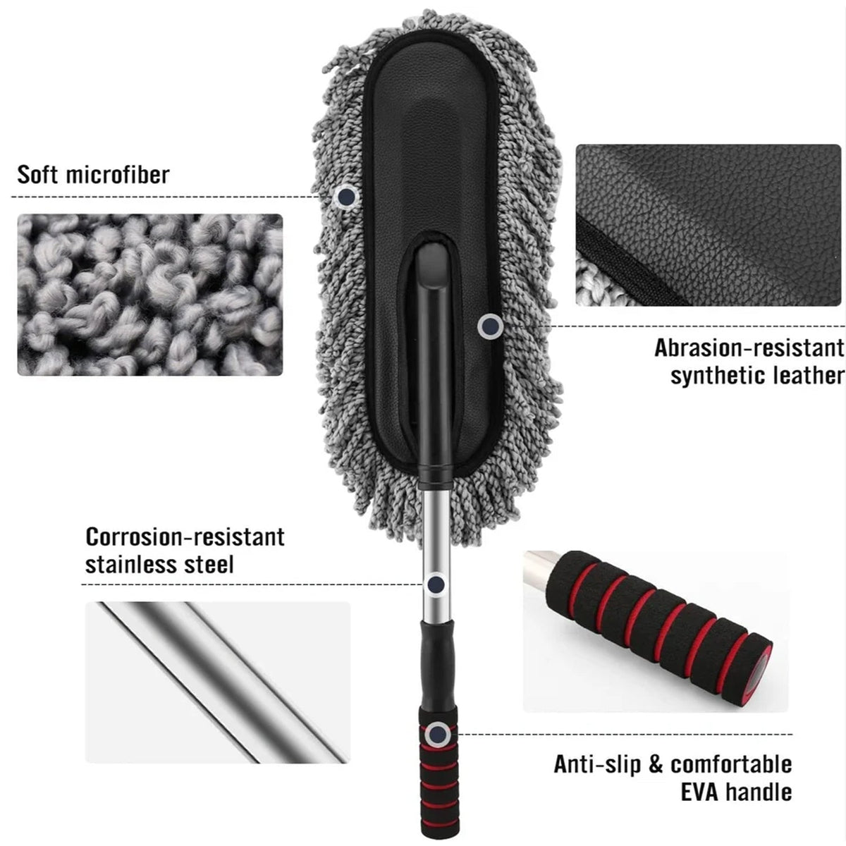 A detailed breakdown of the car duster's features, including soft microfiber, synthetic leather, stainless steel, and EVA