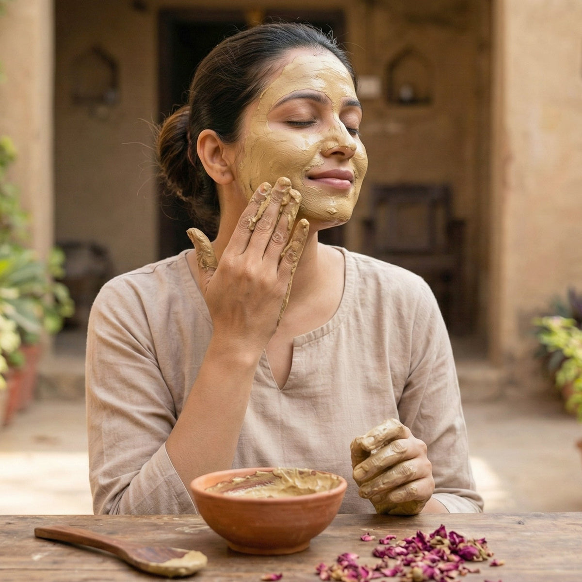 A woman with closed eyes applying a brown face mask to her cheek, with a bowl of mask and rose petals on a wooden table.