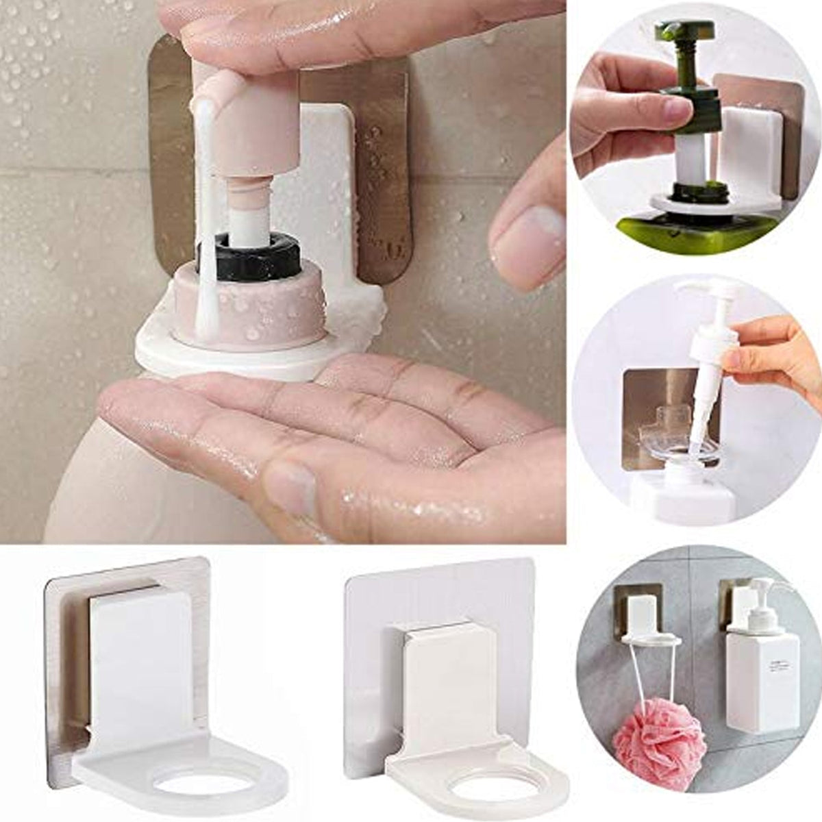 A collage of images showing the holder in use with various bottles and a shower puff, and two empty holders.