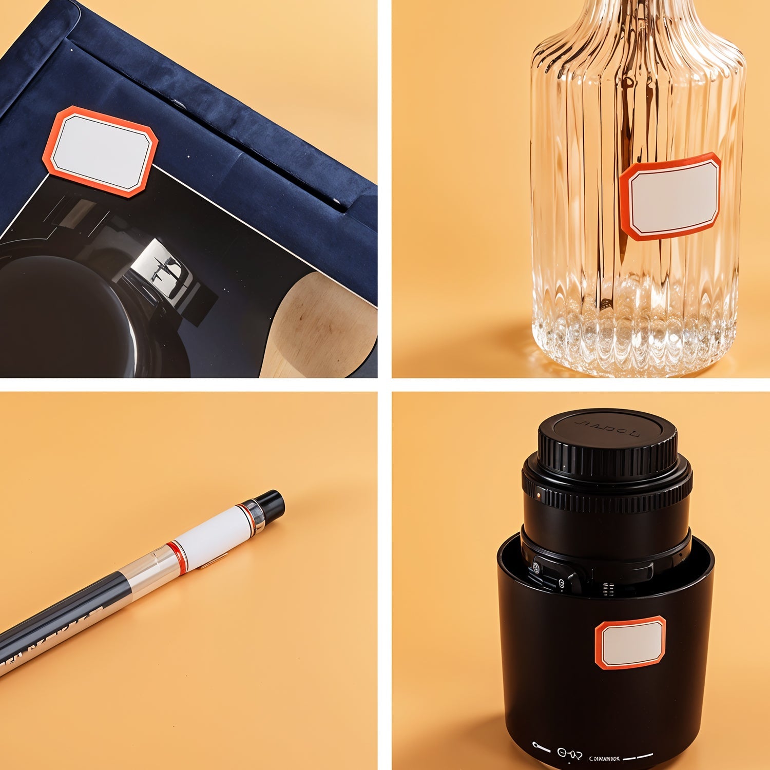 Four images showing a red-bordered label on a dark blue box, a clear ribbed glass bottle, a white and black pen, and a black