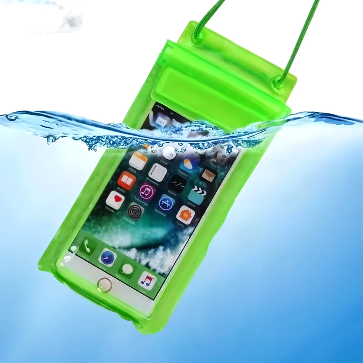 A smartphone in a bright green waterproof pouch is partially submerged in clear blue water, showing app icons on its screen.