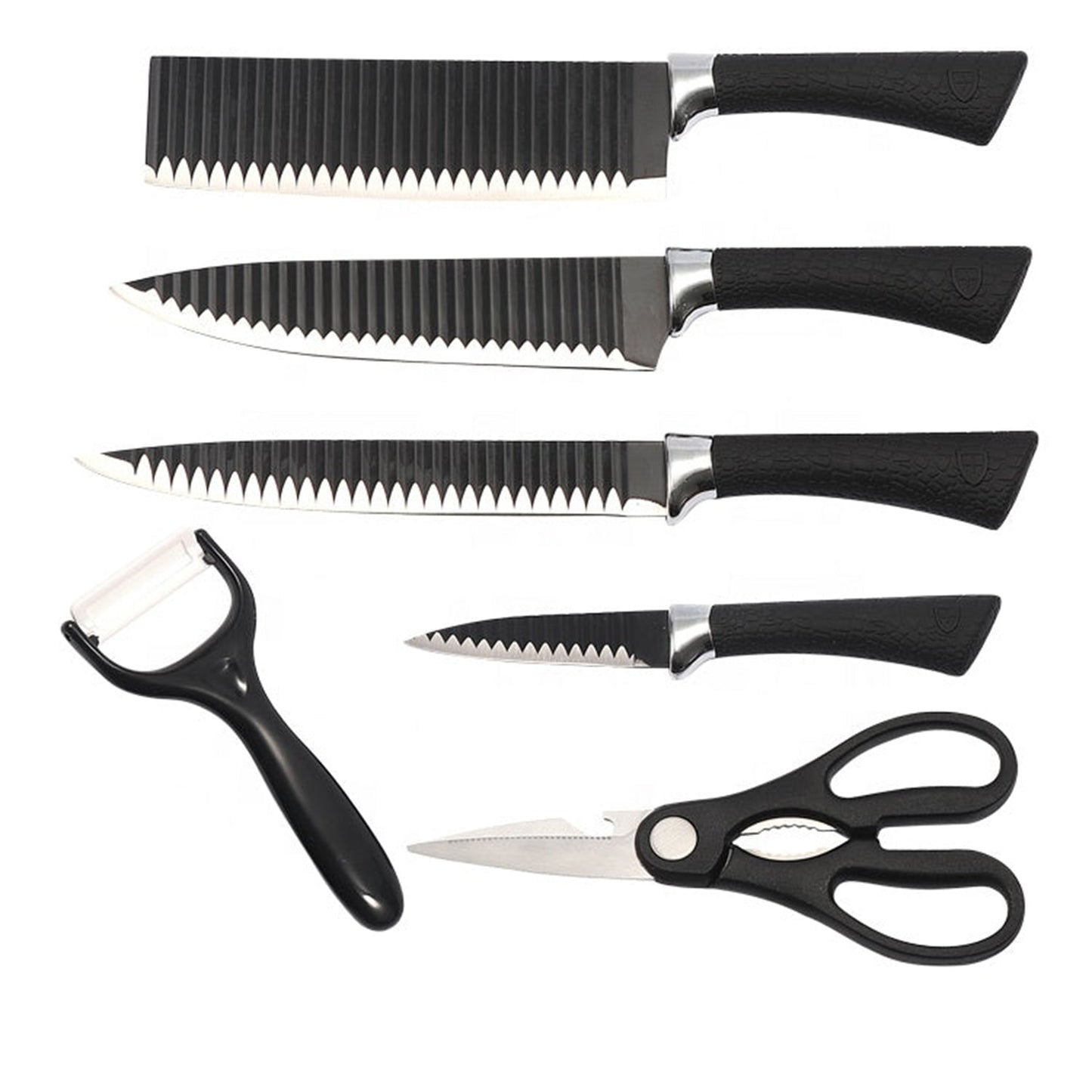 Six-piece black serrated knife set with peeler and scissors displayed individually on a white background.