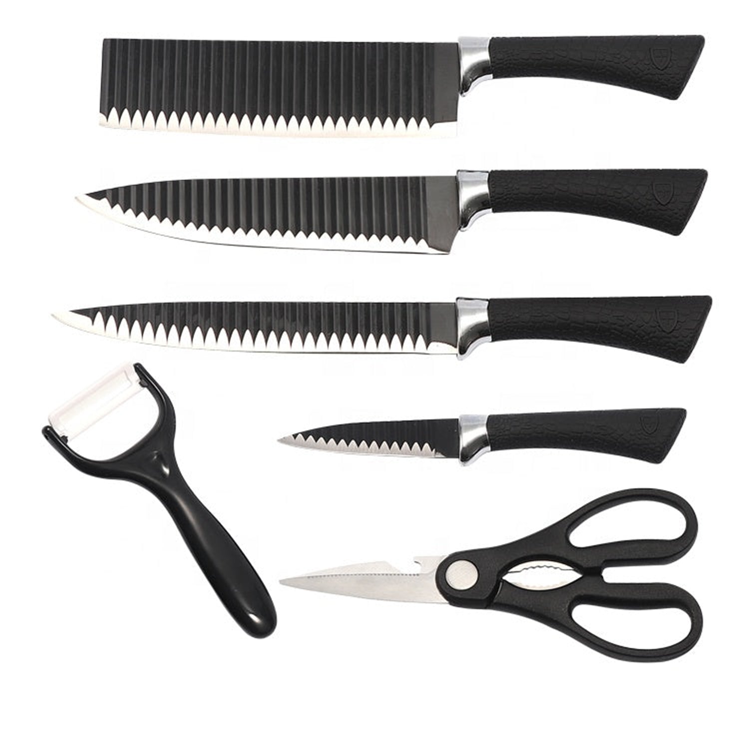 Six-piece black serrated knife set with peeler and scissors displayed individually on a white background.