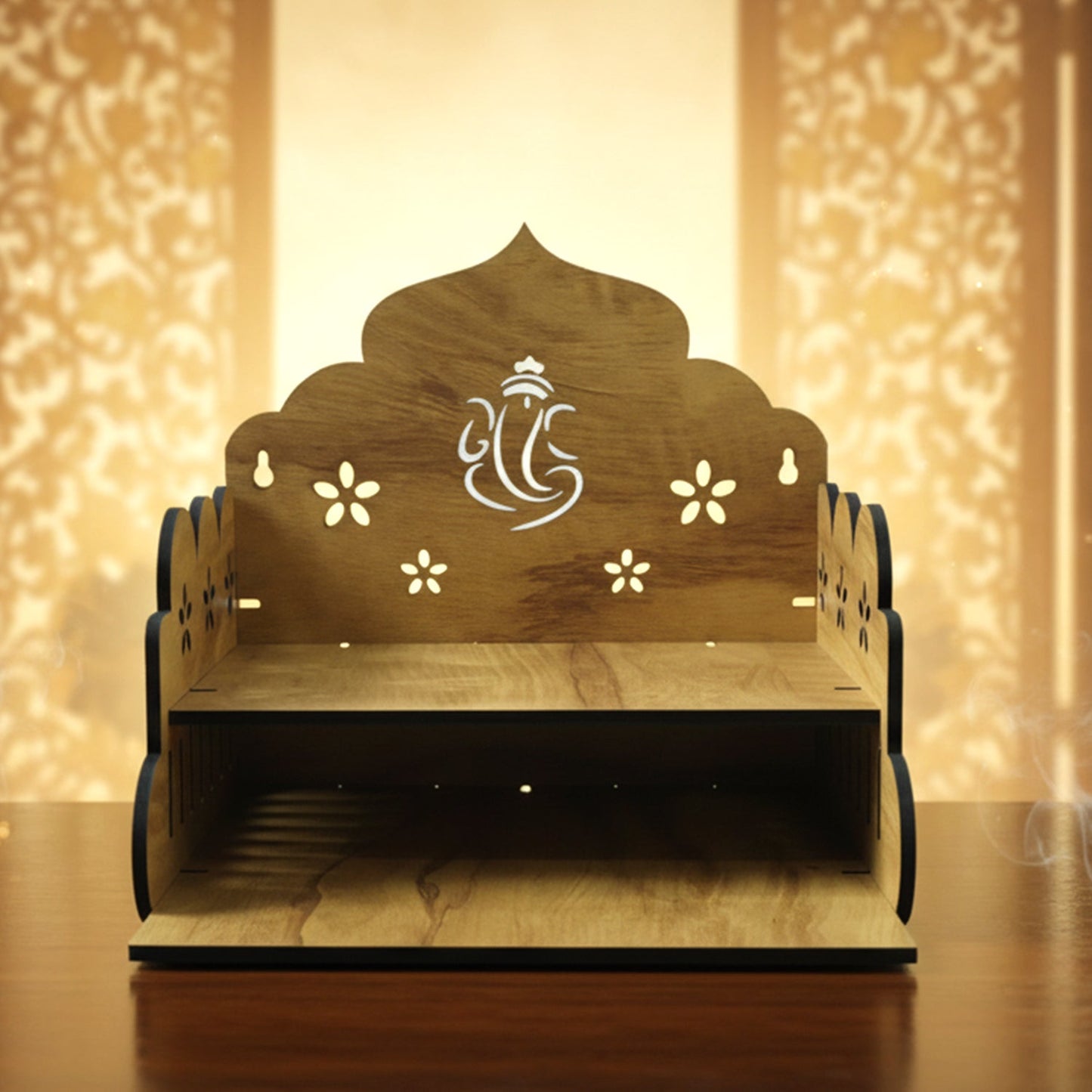 Compact wooden home mandir with Lord Ganesha back panel for pooja