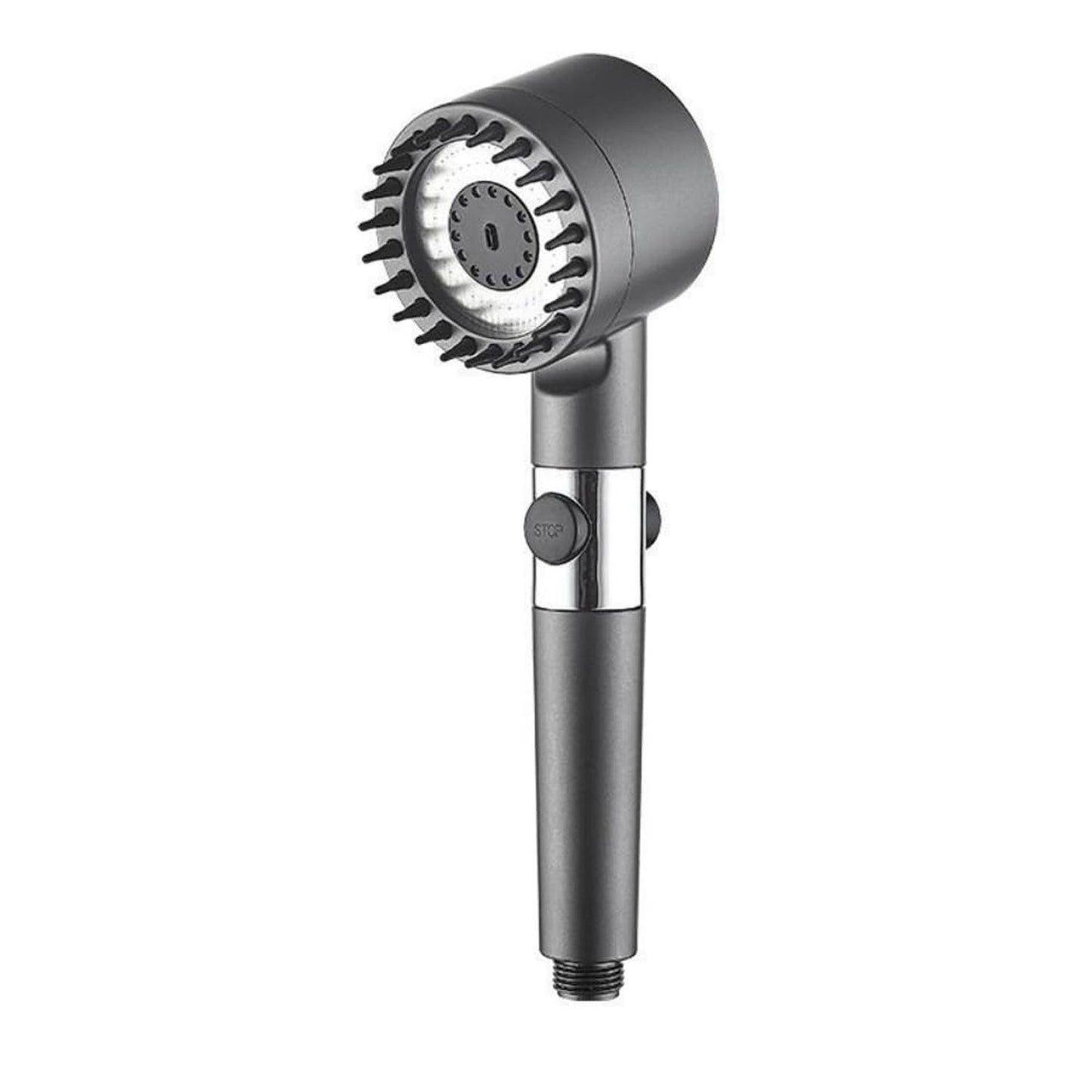 A dark gray shower head with a wide face and rubber bristles, shown on a white background.