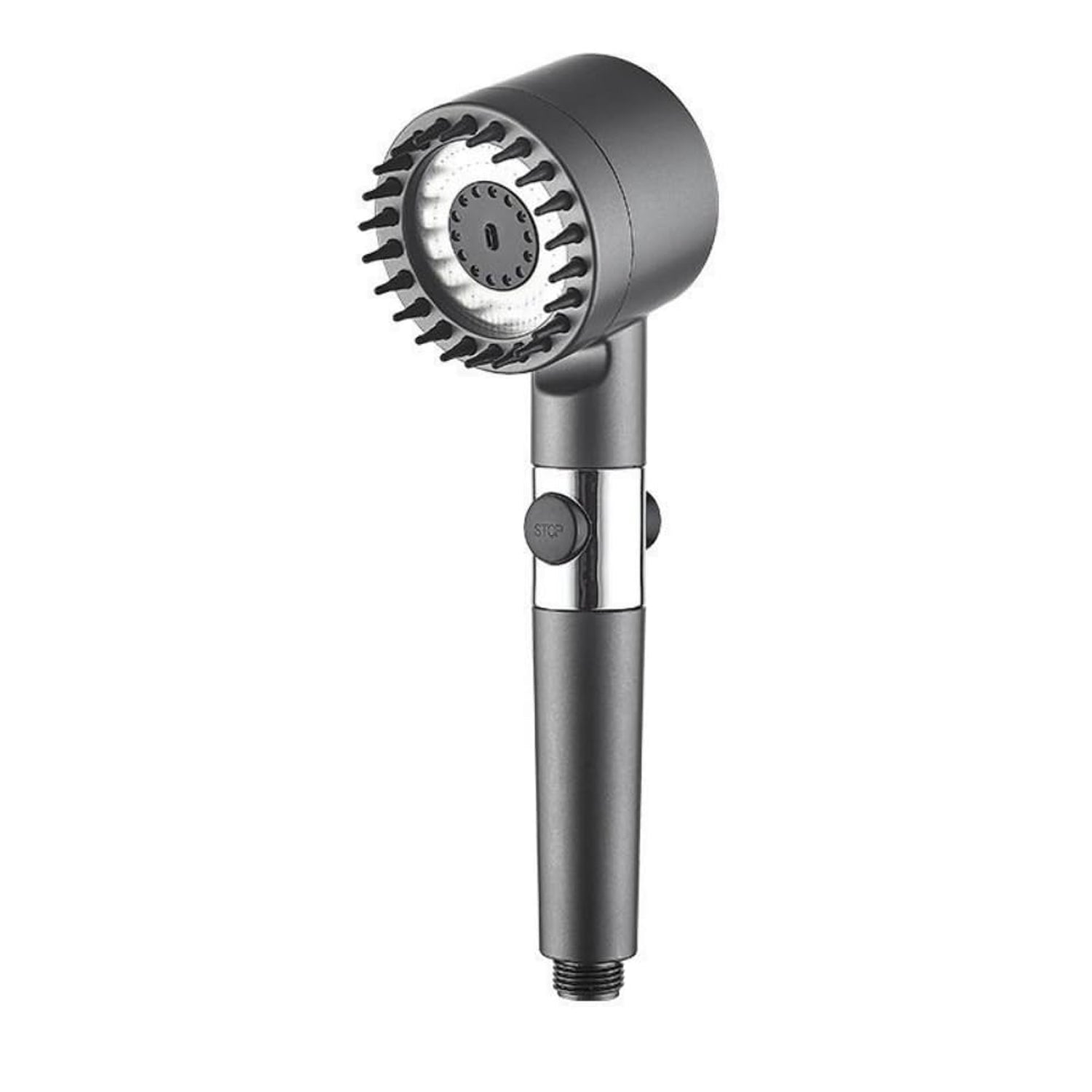 A dark gray shower head with a wide face and rubber bristles, shown on a white background.
