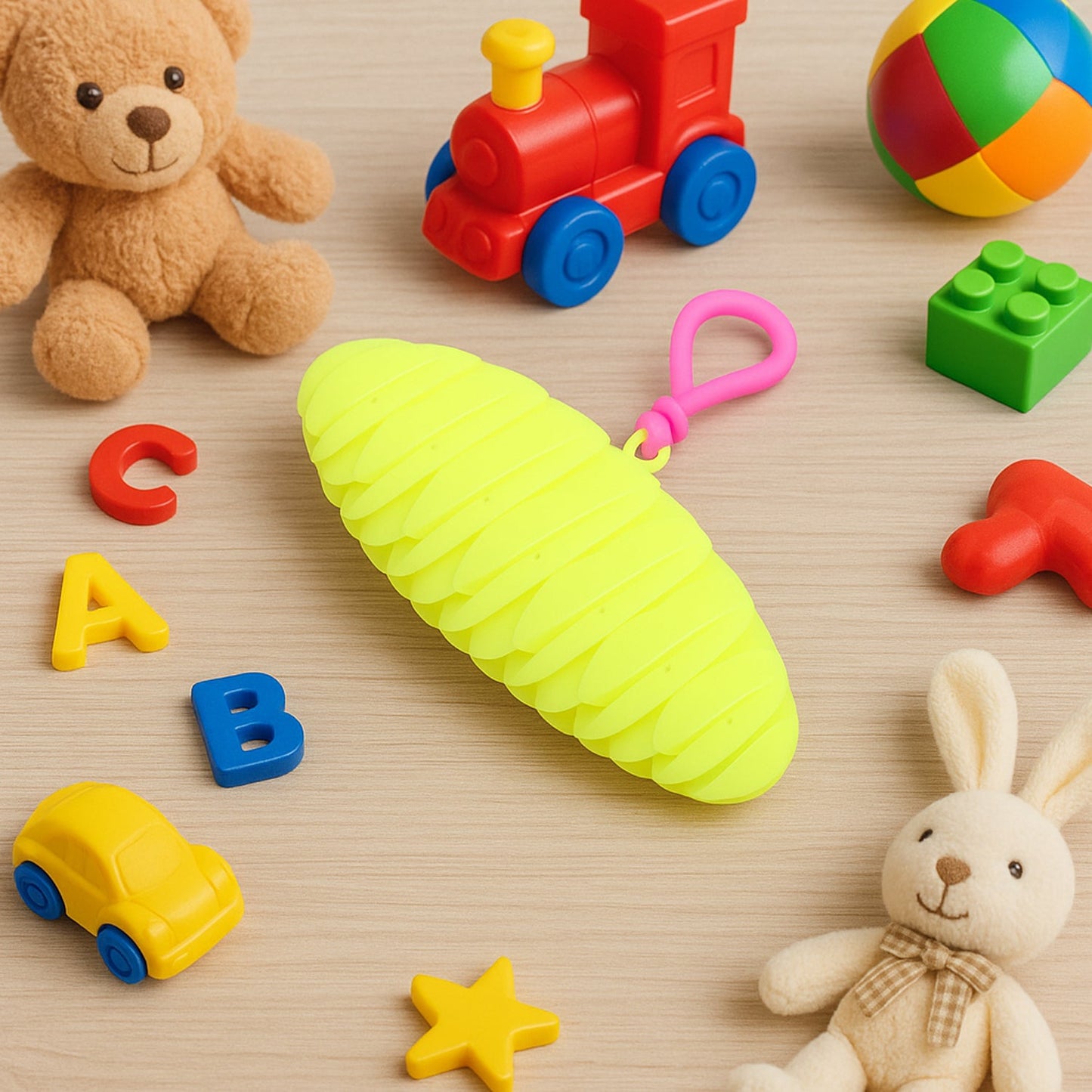A bright green fully collapsed silicone ball keychain with a pink loop, surrounded by various colorful children's toys  