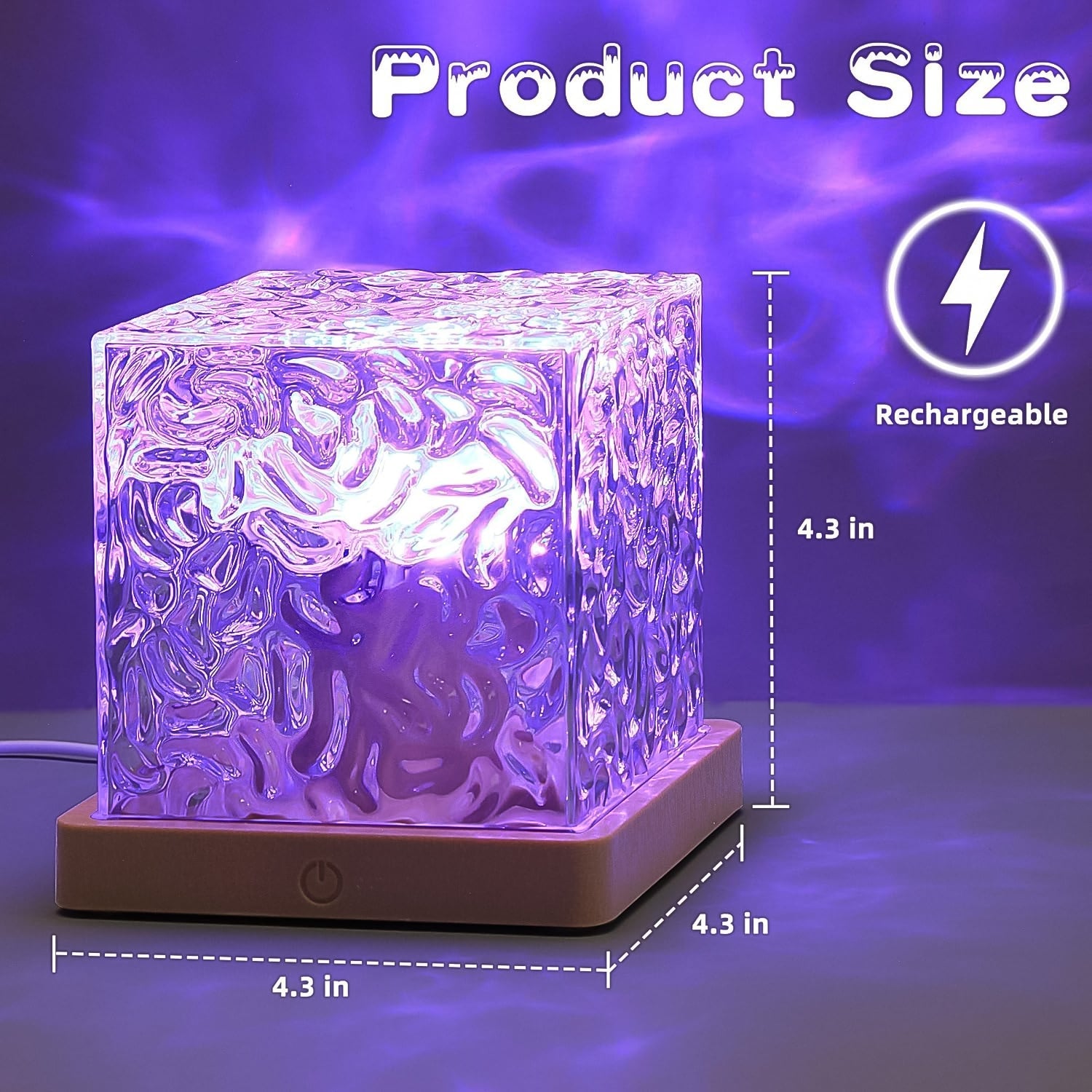 A crystal cube lamp projecting purple ripples, with dimensions 4.3 inches by 4.3 inches and a rechargeable icon.