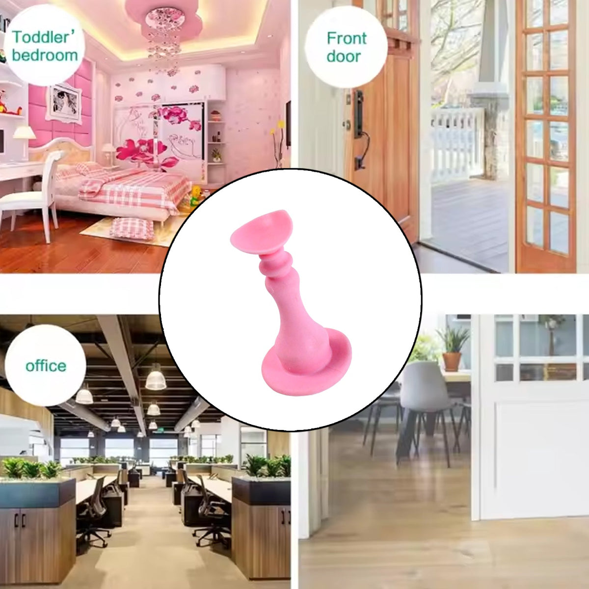 Circular inset of a pink silicone door stopper surrounded by four different room settings: a toddler's bedroom, a front