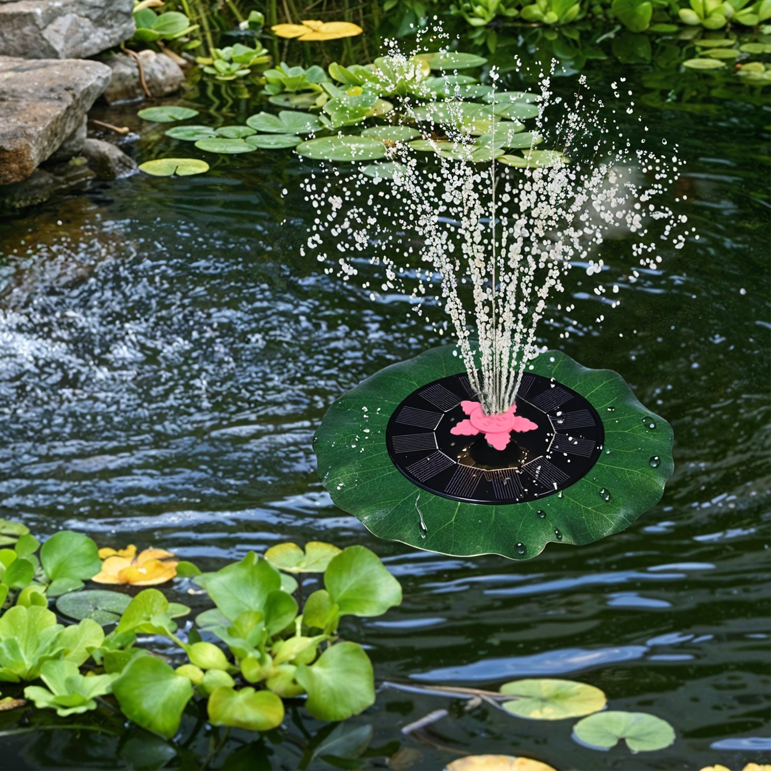 Eco-friendly solar fountain pump with unique green leaf and pink star design