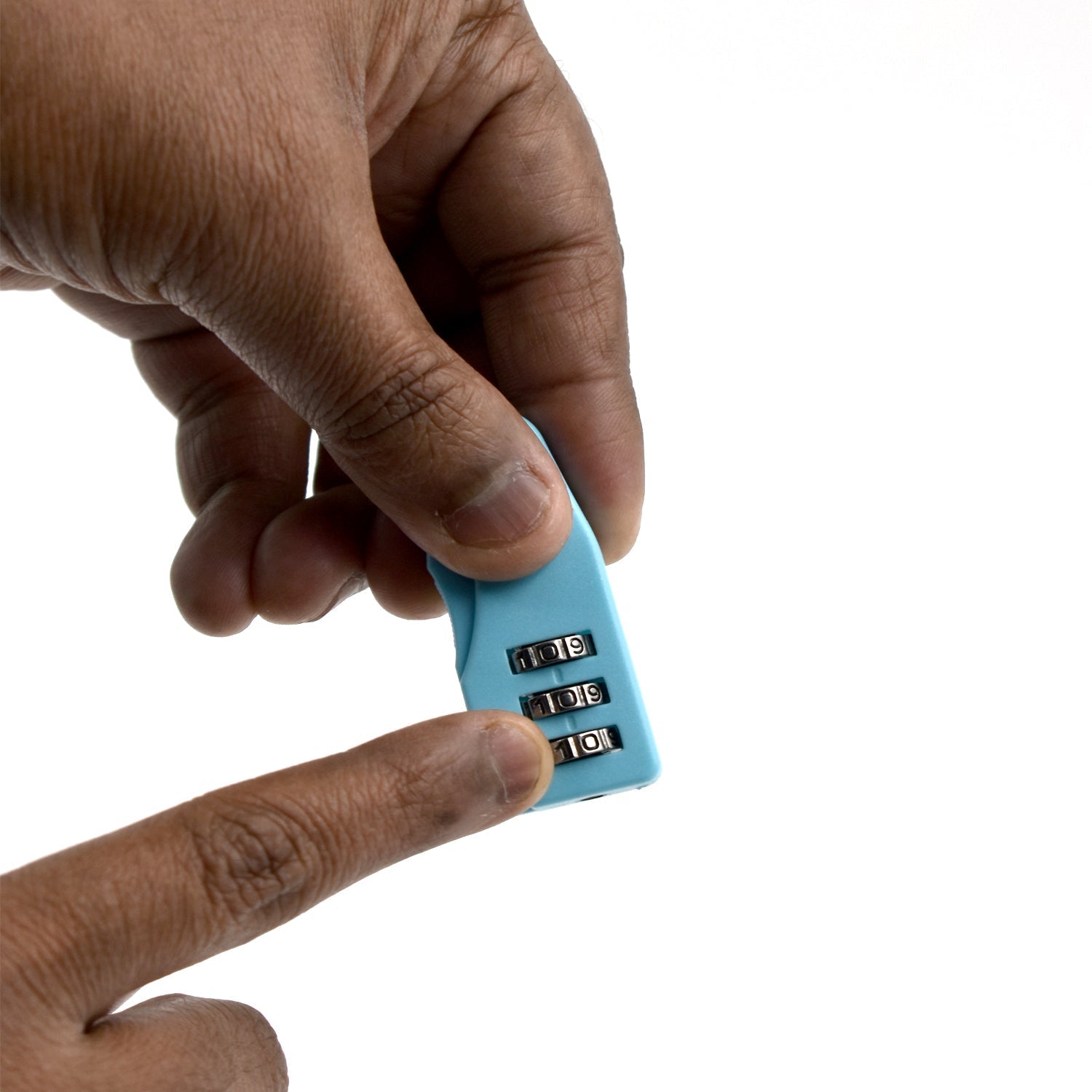 A hand holding a light blue 3-digit combination lock, with a finger adjusting the numbers on a white background.
