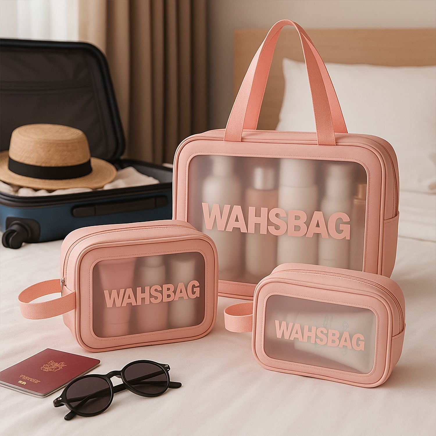 Three pink waterproof travel bags with clear panels on a bed, with a suitcase, hat, passport, and sunglasses.