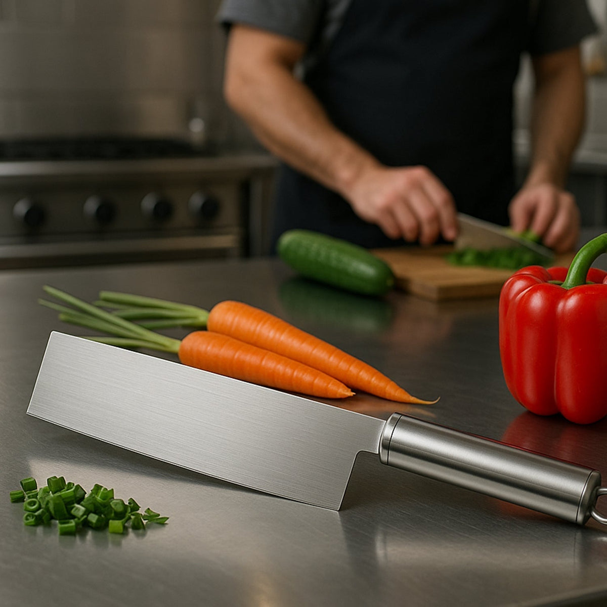 A stainless steel cleaver knife lies on a metal counter with whole vegetables, while a person chops in the blurred