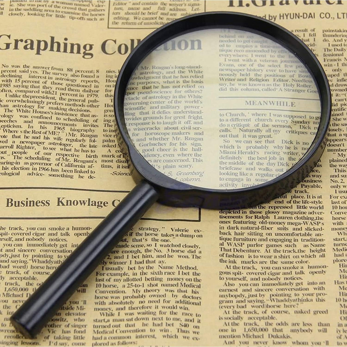 A black magnifying glass lies on an open newspaper, enlarging a section of the text on the page.