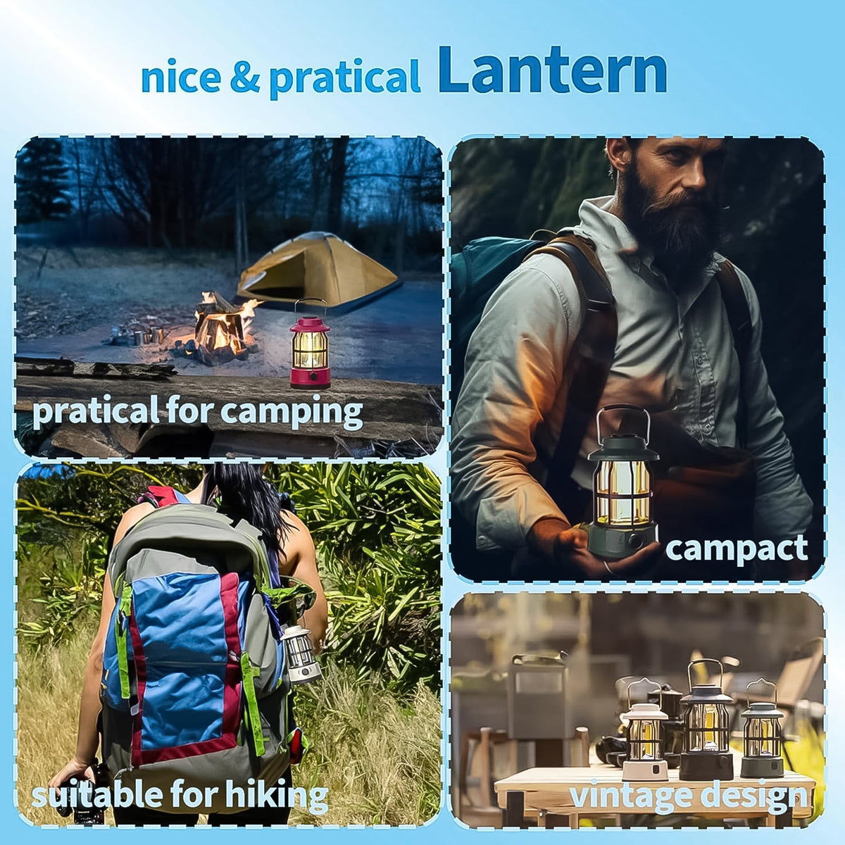 Four square images show the black retro LED camping lantern in various settings: camping, hiking, and as a decorative item.