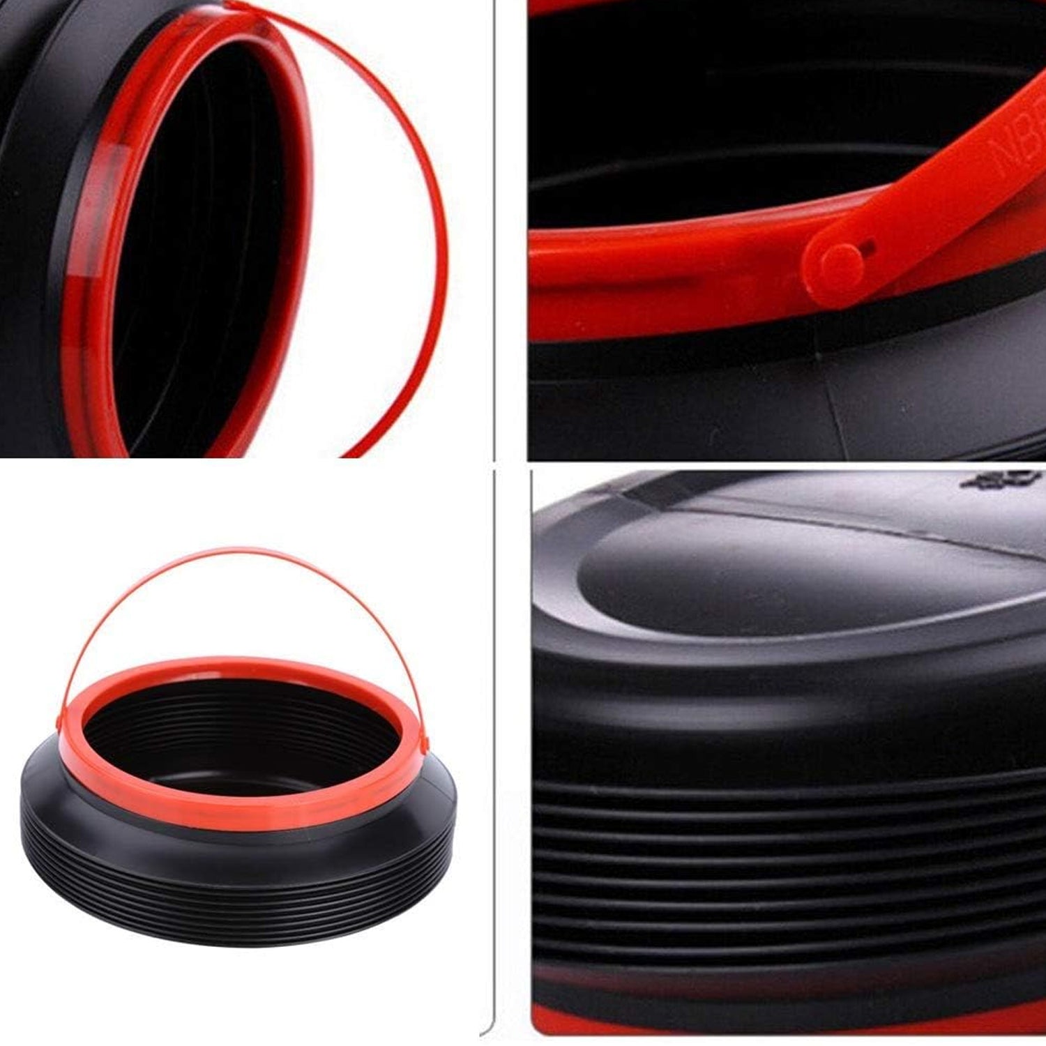 Four close-up views of a black foldable bucket with a red rim, showing its handle, interior, and ribbed texture.