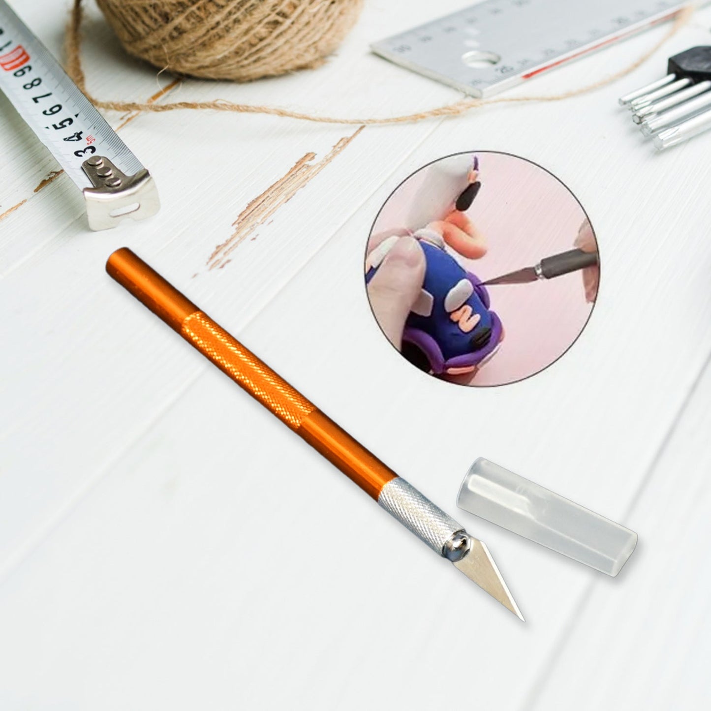 Orange precision knife with cap, a measuring tape, and a close-up of the knife cutting clay.