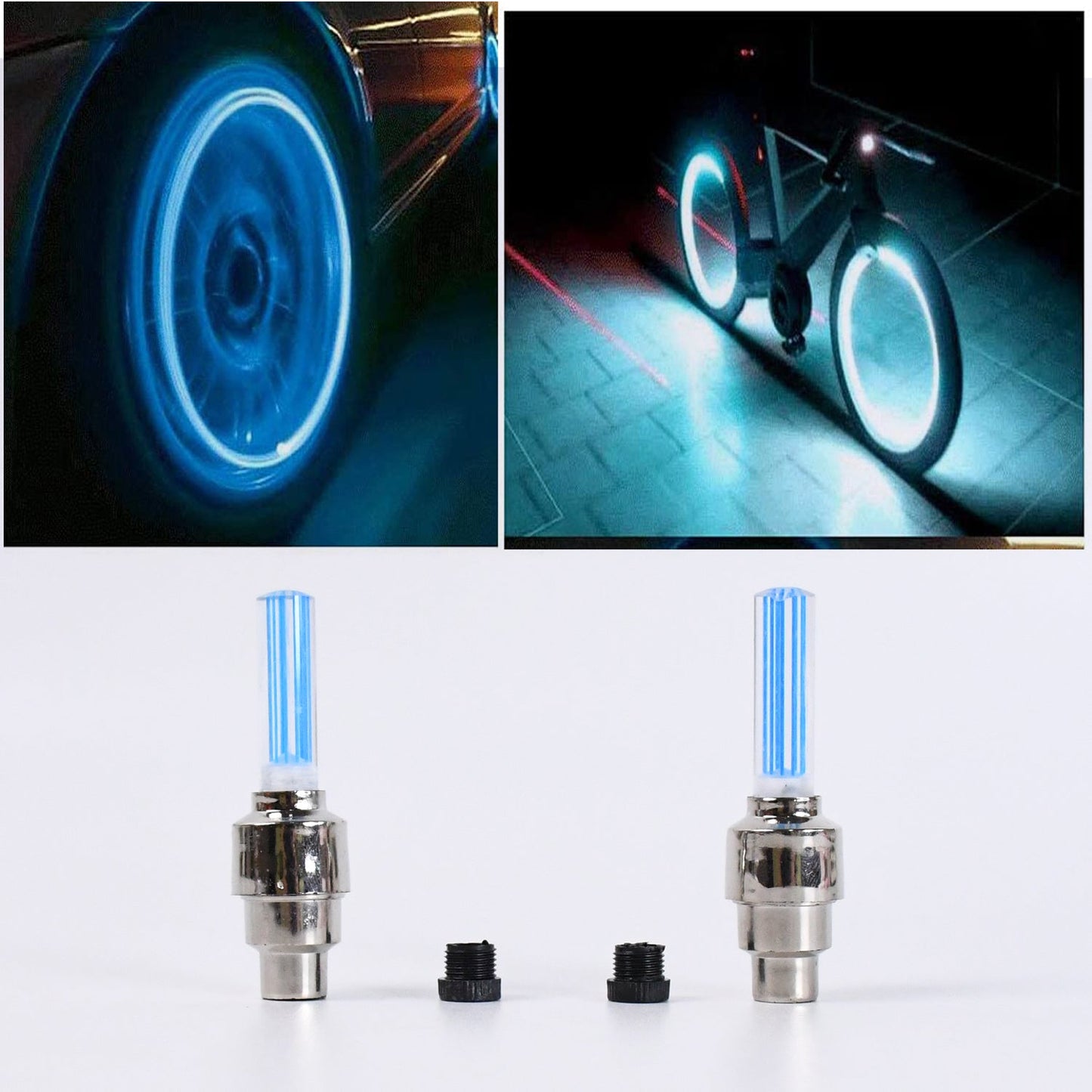 Two blue LED valve cap lights with black adapters, and a car and bicycle with glowing blue wheels.