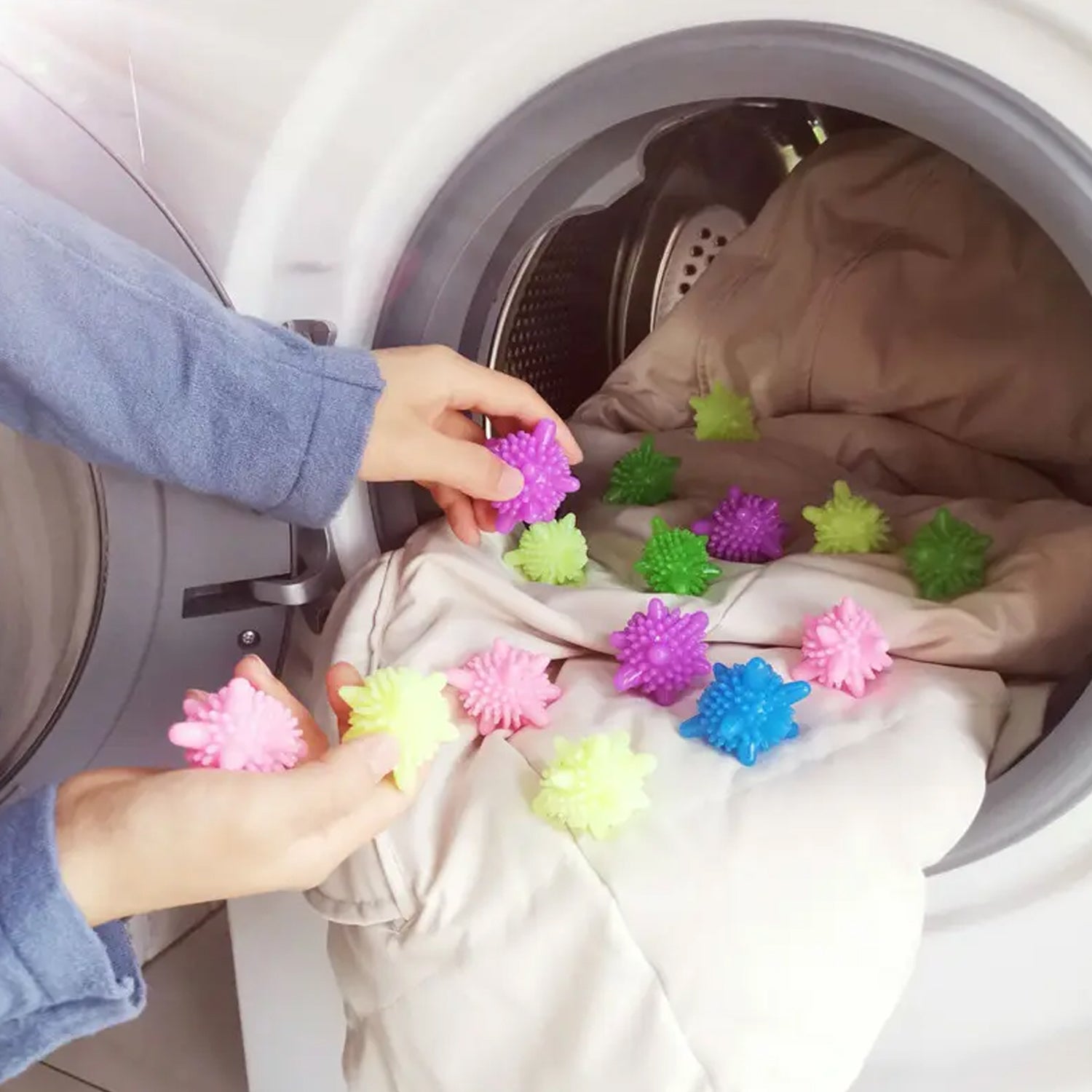 The 10-piece set of vibrant Laundry Dryer Balls, packaged and ready for household use.