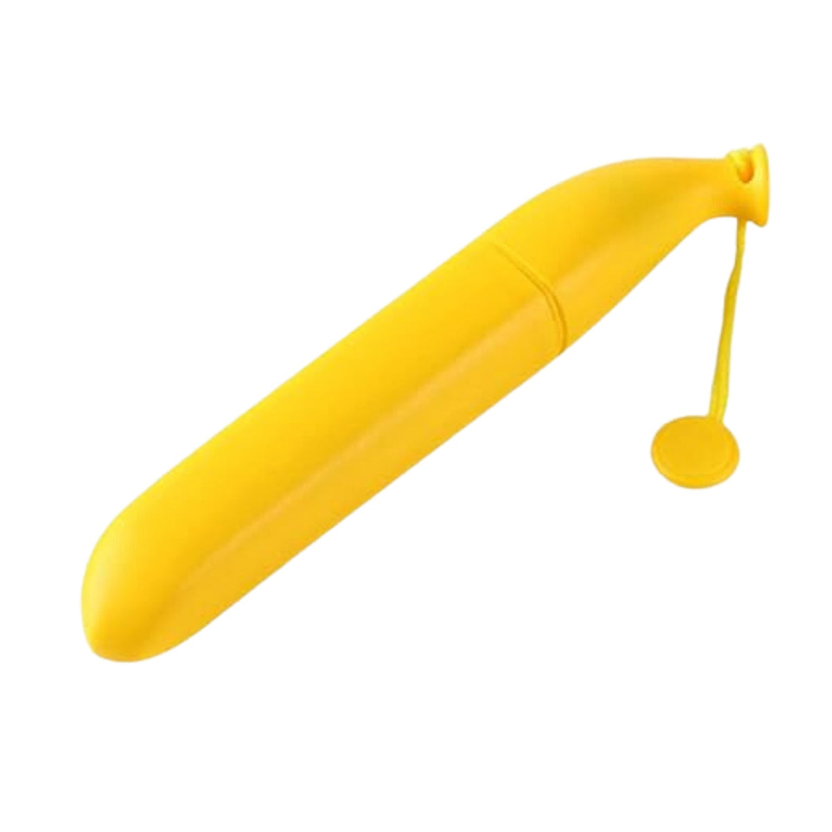 A closed yellow banana-shaped umbrella case with a loop and disc attached to the end is shown on a white background.