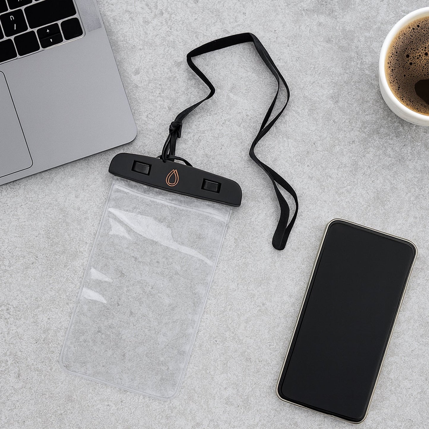 Transparent Waterproof Mobile Pouch with neck strap, securing a smartphone.