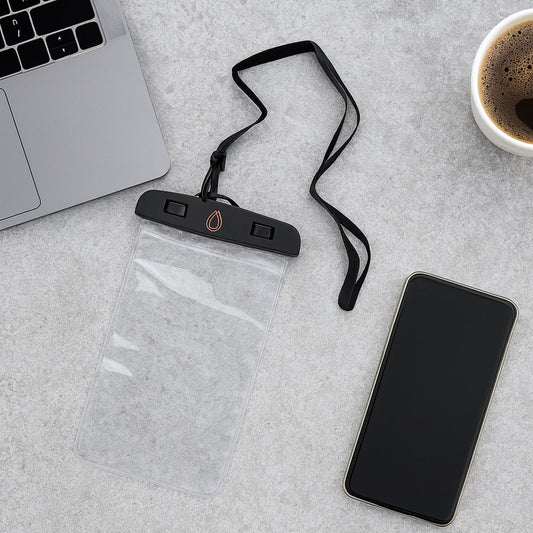 Transparent Waterproof Mobile Pouch with neck strap, securing a smartphone.