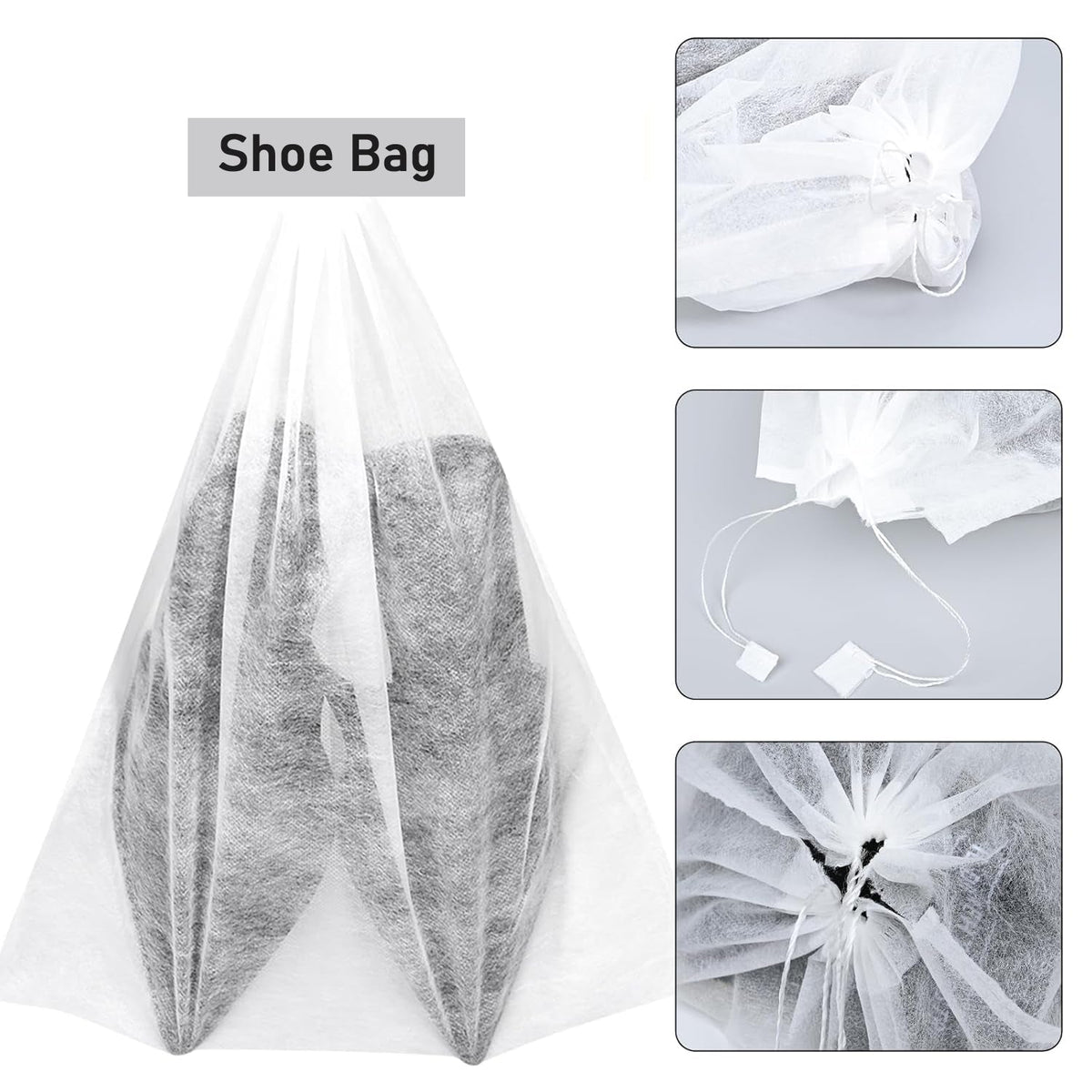 A white non-woven shoe bag with dark shoes, accompanied by three detailed views of the bag's drawstring top.