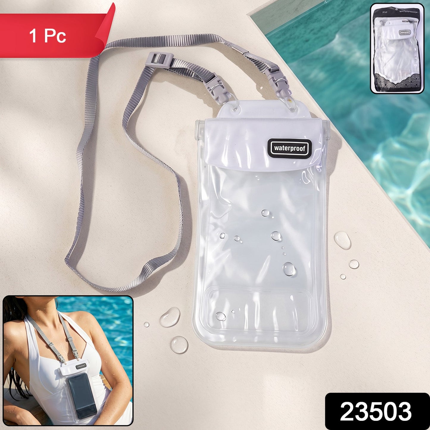 Waterproof mobile pouch SKU label display