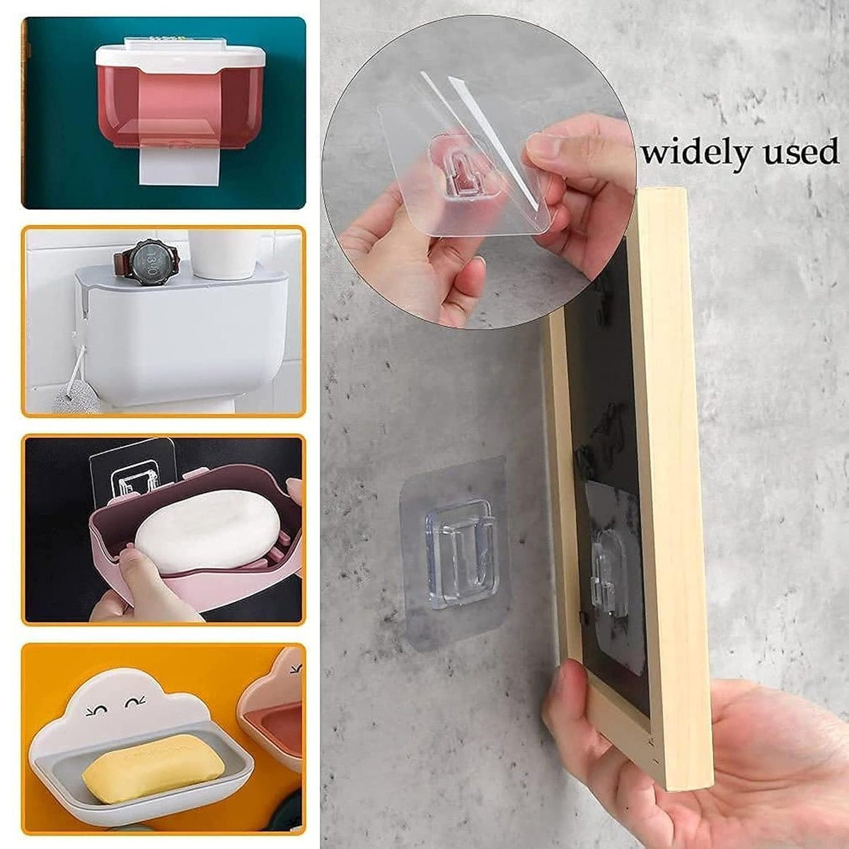 A collage shows a clear adhesive hanger being applied to a wall and various items it can hold.