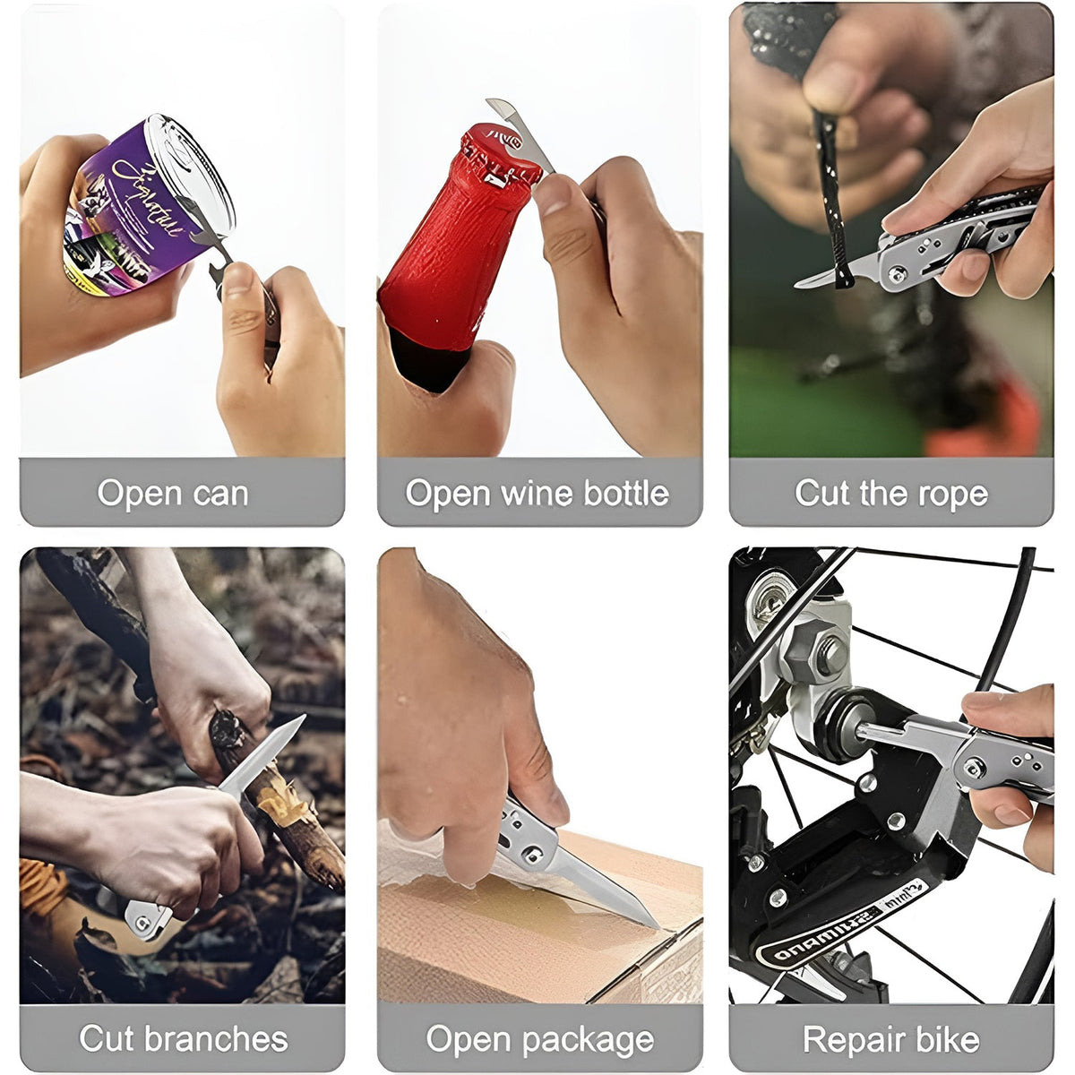A collage of six images demonstrating the multi-tool's functions, including opening cans, bottles, and cutting rope.