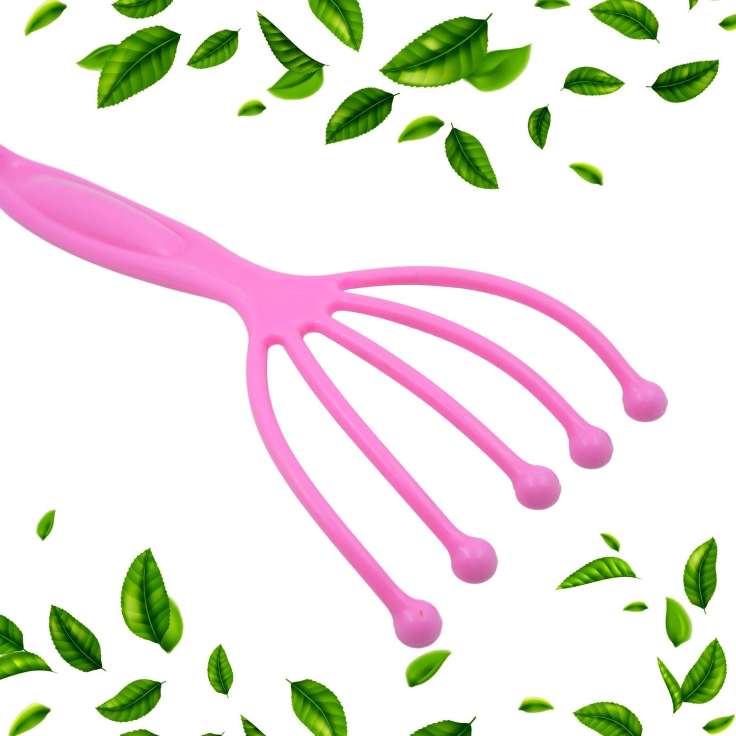 A close-up of the pink plastic scalp massager with five flexible arms, each ending in a rounded pink tip, surrounded by
