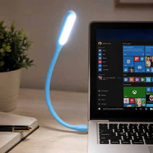 A blue flexible USB LED lamp plugged into a laptop, illuminating the keyboard and a plant pot.