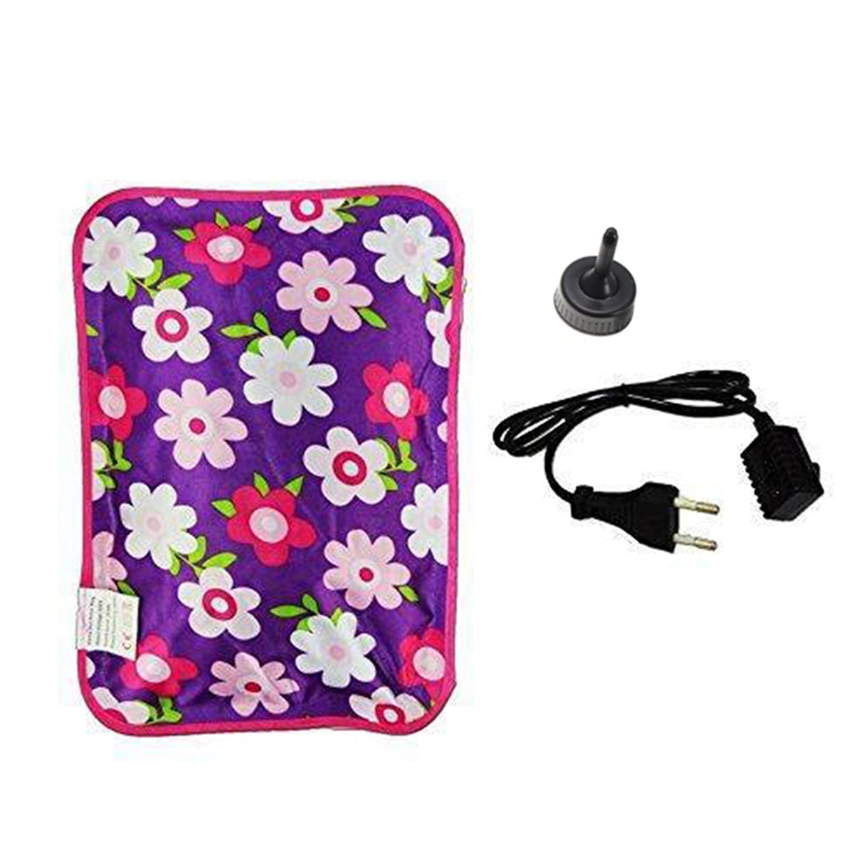 A purple floral hot water bag with pink and white flowers is displayed next to its black charging cable and stopper.