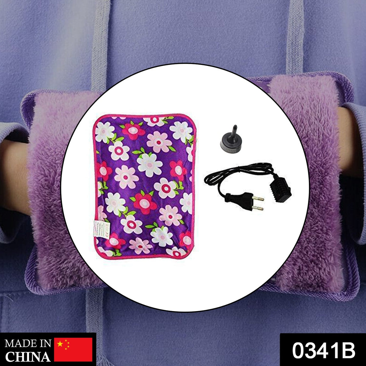 A person in a purple hoodie holds a purple fuzzy hand warmer, with a circular inset showing a purple floral hot water bag